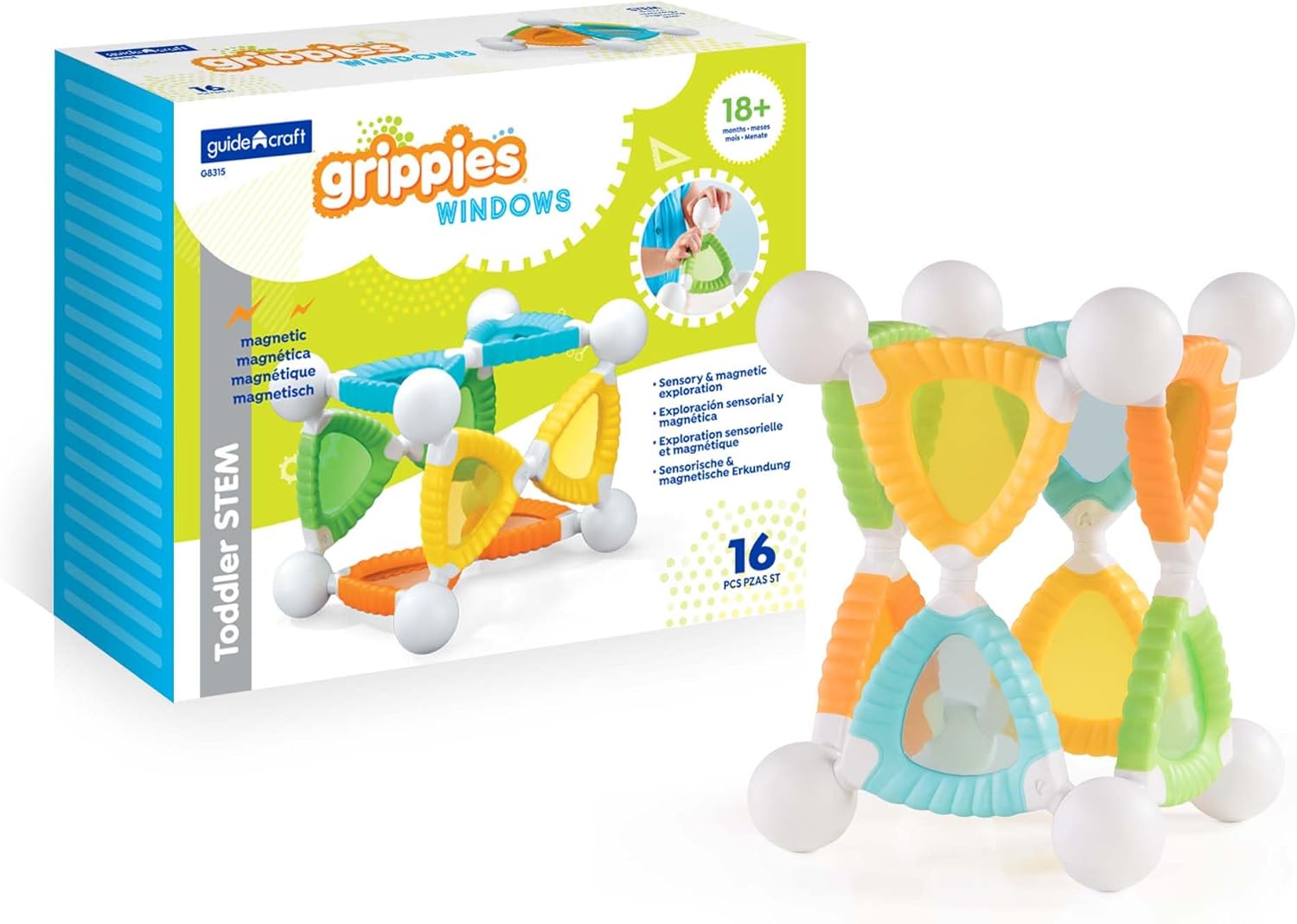 Guidecraft Grippies Windows - 16 Piece Set, Stem Soft Grip Magnetic Building Toy for Toddlers