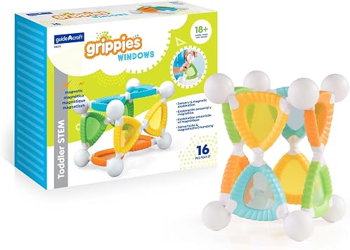 Guidecraft Grippies Windows - 16 Piece Set, Stem Soft Grip Magnetic Building Toy for Toddlers