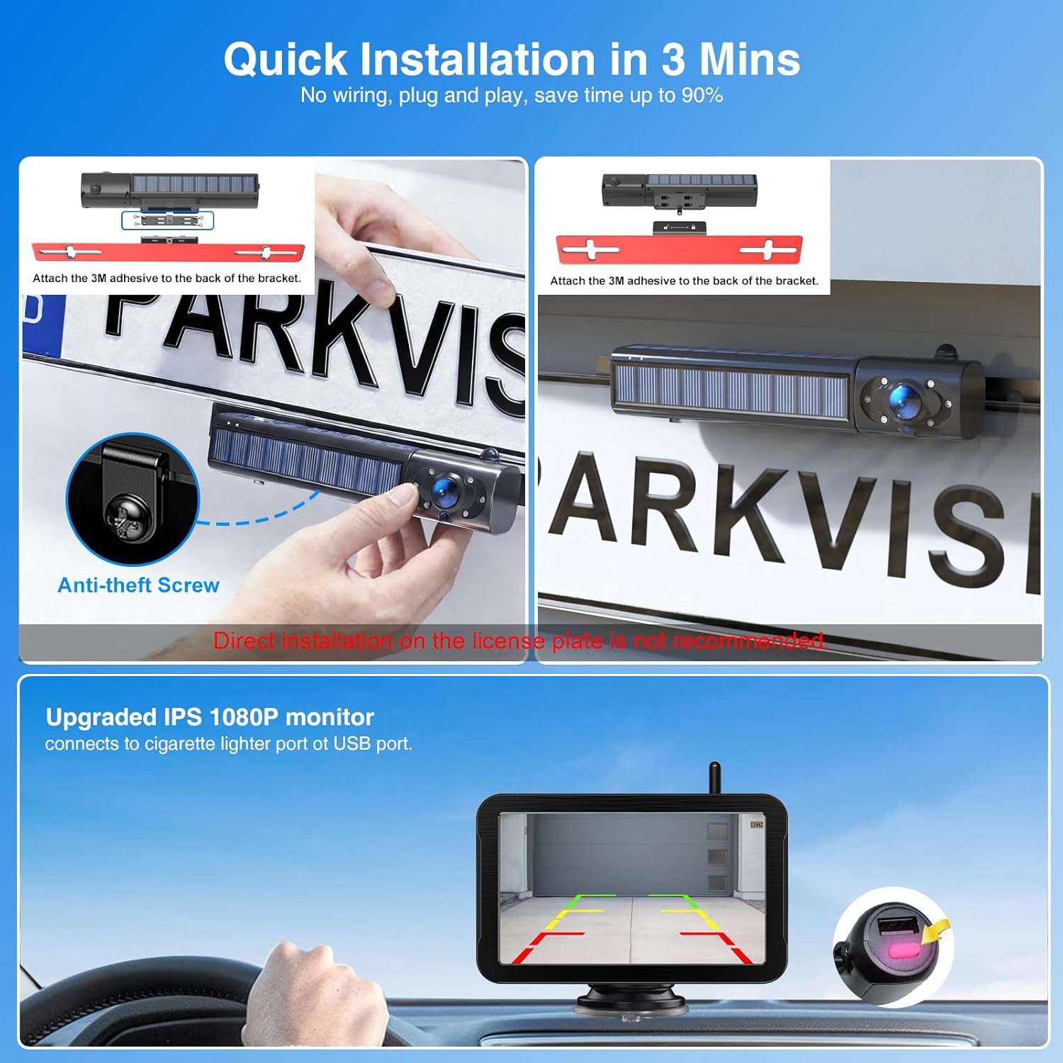 Flexible installation design showing the camera mounted both above and below a license plate.