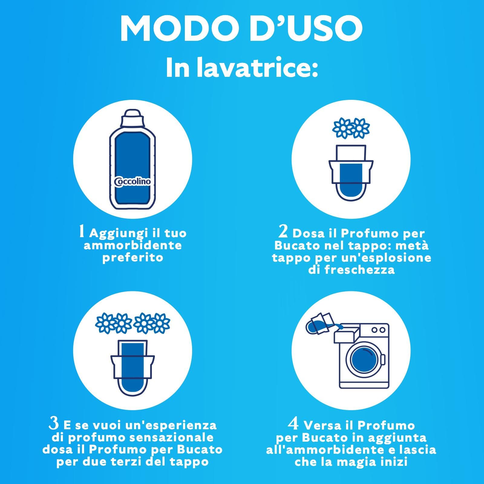 Coccolino Profumo per Bucato Freschezza Celeste, Extra Profumo* a lungo. Efficace Anche a Freddo e nei Cicli Brevi, con note di fragranza Patchouli, Lavanda, Eucalipto, 8 Pezzi da 342ml