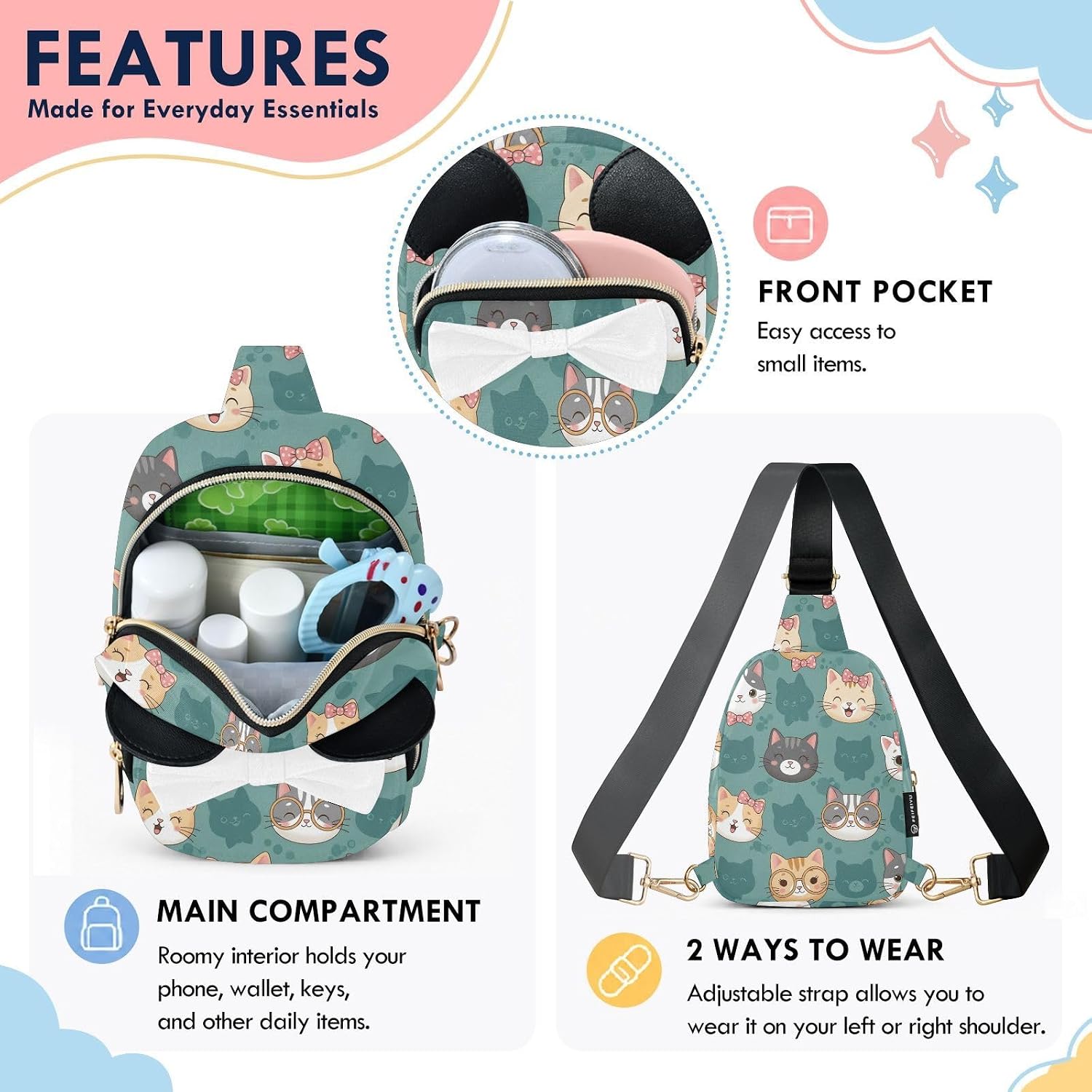 Sinestour Cats Bows Kids Sling Bag for Girls, 3.1x5.7x7.5Inches | Crossbody Fanny Pack, Toddler Purse, Cute Sling Belt Bag with Ears, 2L Small Shoulder Chest Bag for Travel