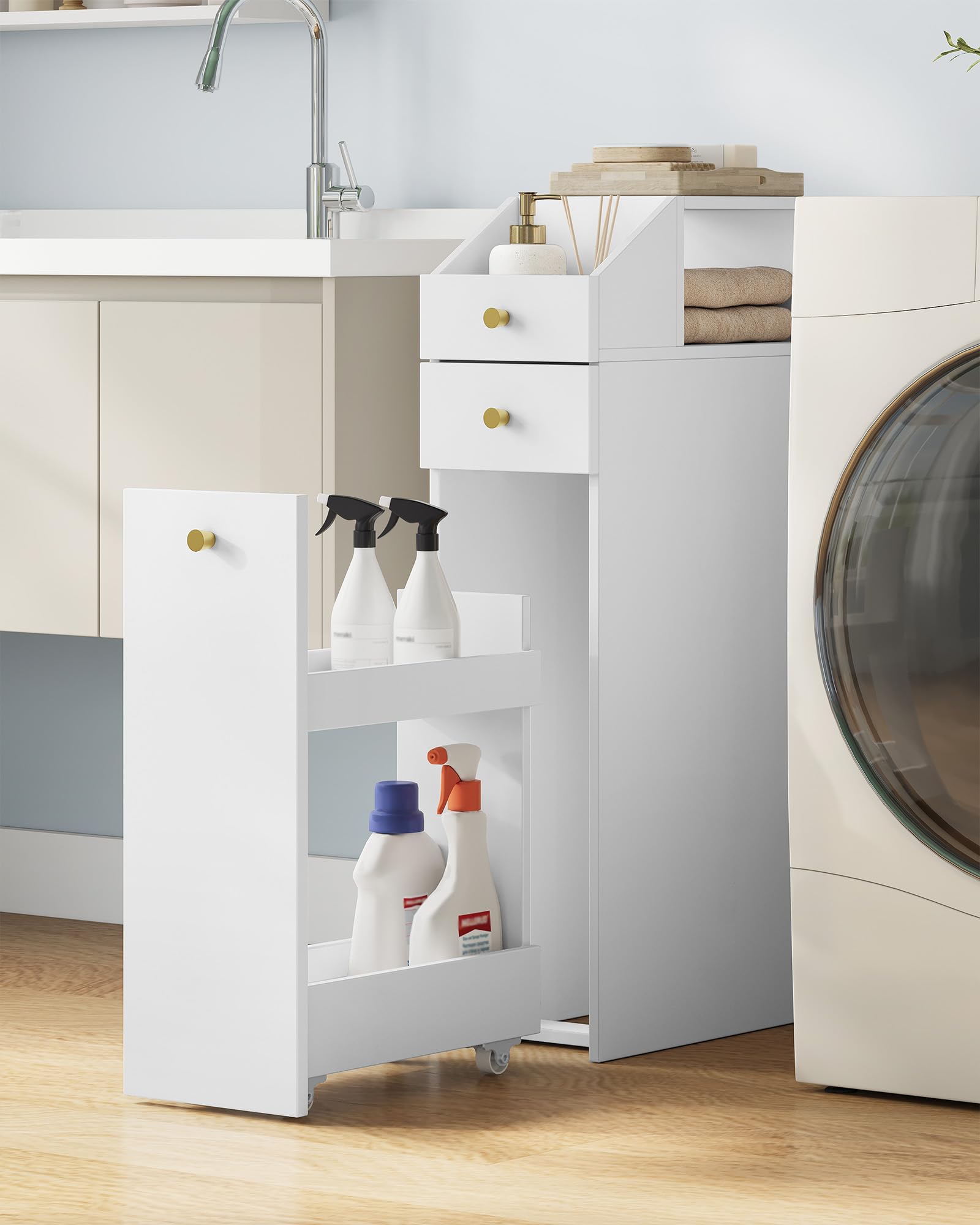 Hzuaneri Meuble de Salle de Bain Haut, Armoire de Rangement Fin, Blanc | avec 2 Compartiments Ouverts, 2 Tiroirs et roulettes, Meuble de Cuisine, pour Petits Espaces, 40 x 20 x 80 cm, BC22003W