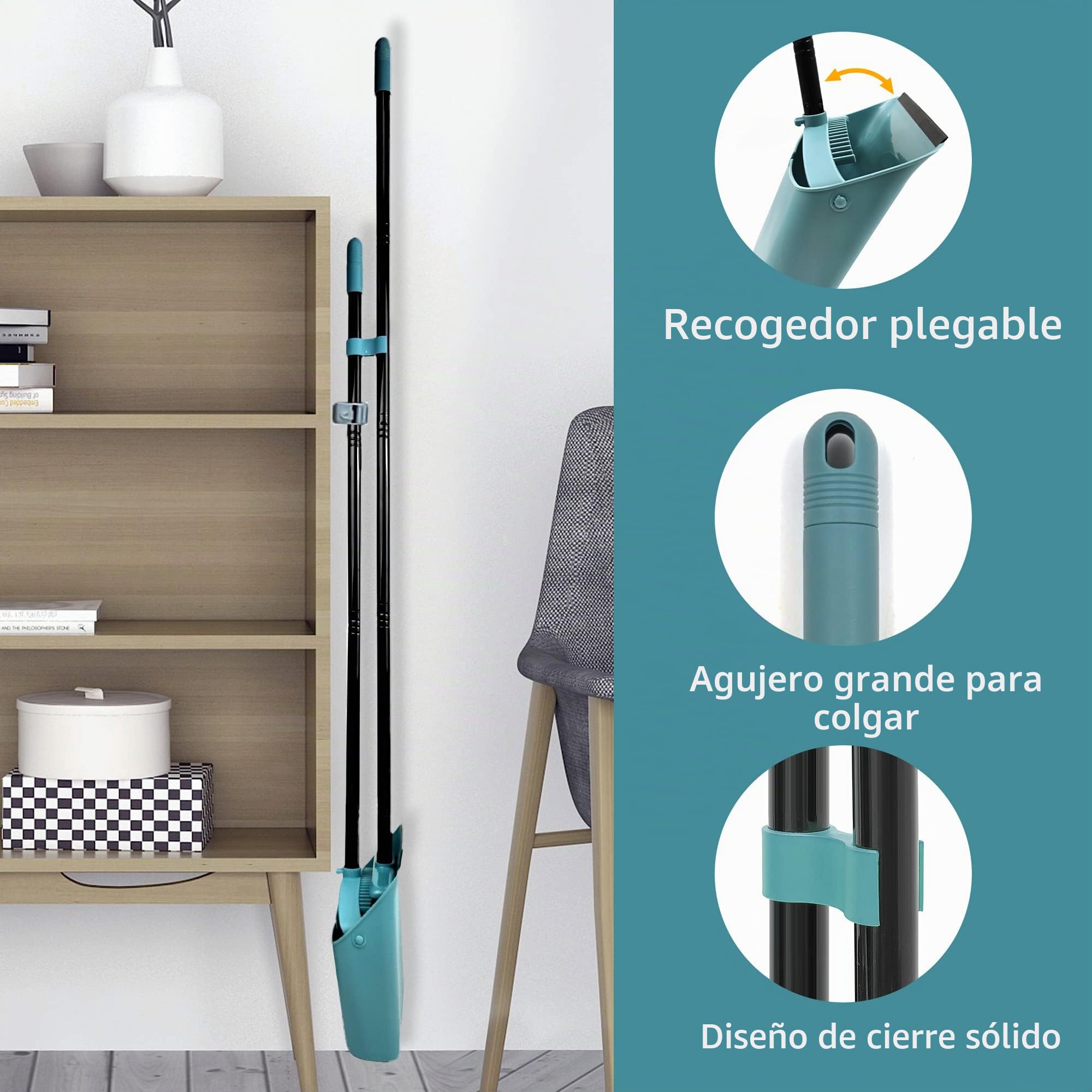 JEHONN Recogedor Plegable y Escoba de Mango Largo 137 cm, Cepillo Barrer y Recogedor Vertical con Peine Dientes para Interior Casa Cocina