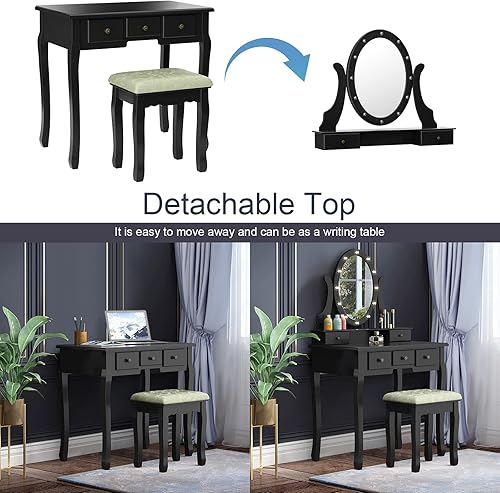 Miniatura 3 de AUGESTER - Juego de tocador de maquillaje iluminado, juego de tocador con 12 luces, espejo ovalado giratorio de 360°, 5 cajones deslizantes,