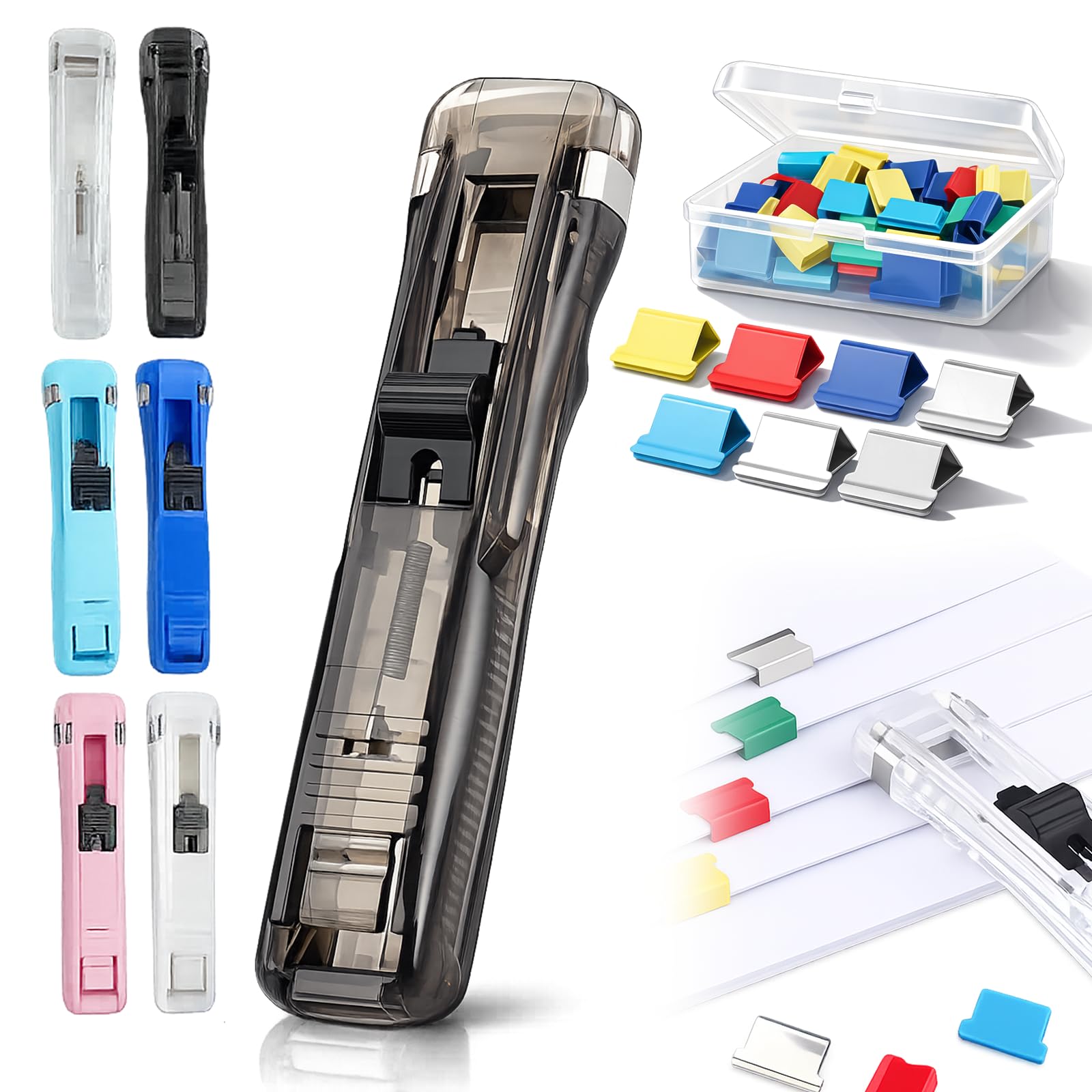 Portable Binder Clip Stapler-Includes 50 Reusable Clips, Staple Free Stapler Dispenser, Handheld Paper Clam Push Fastener, Desktop Staplers for Home Office Desk Document Supplies (Black)