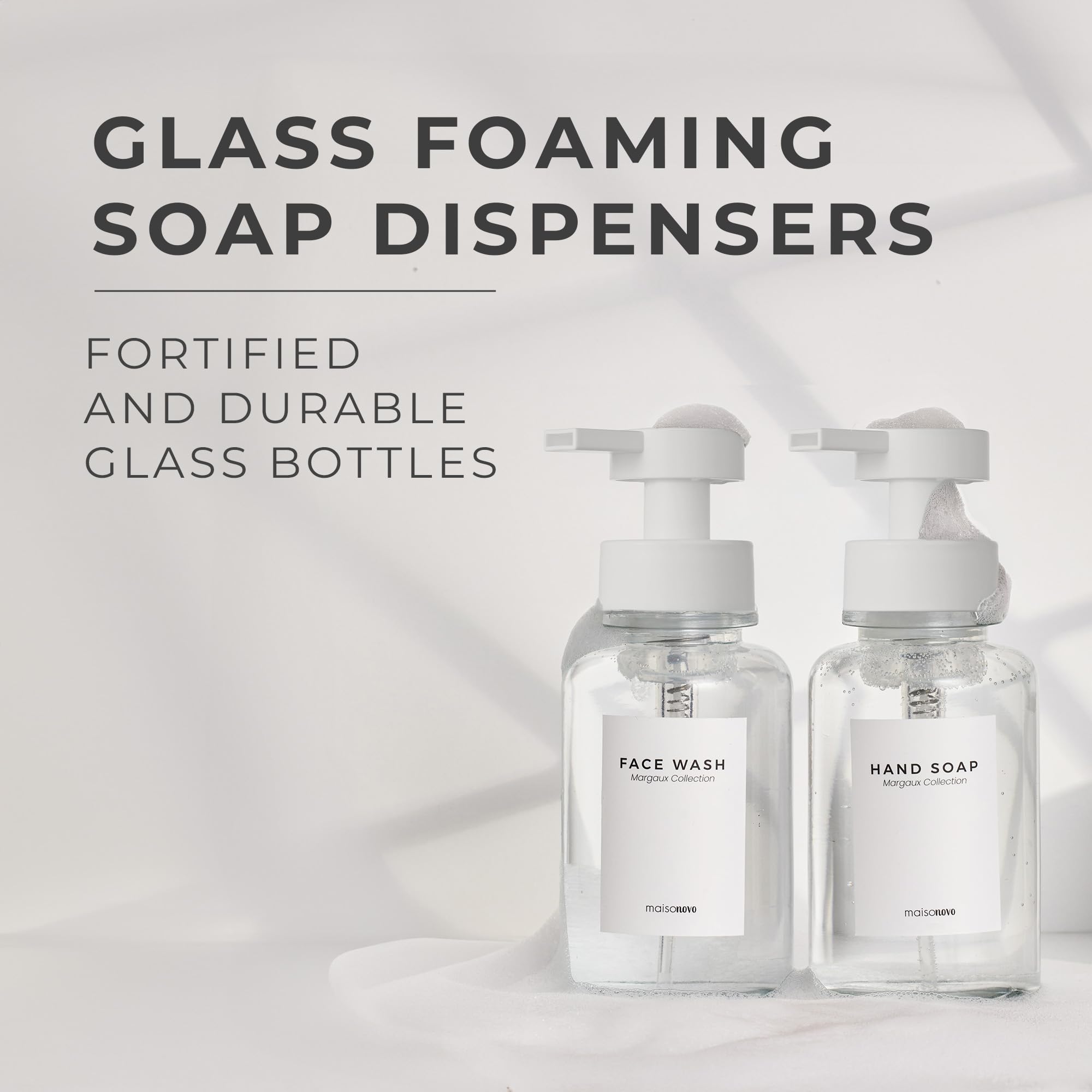 MaisoNovo Glass Foaming Soap Dispenser Set of 2-400 ml Clear Glass Foaming Hand Wash Dispenser White Pump x 2, Waterproof Labels - Image 2