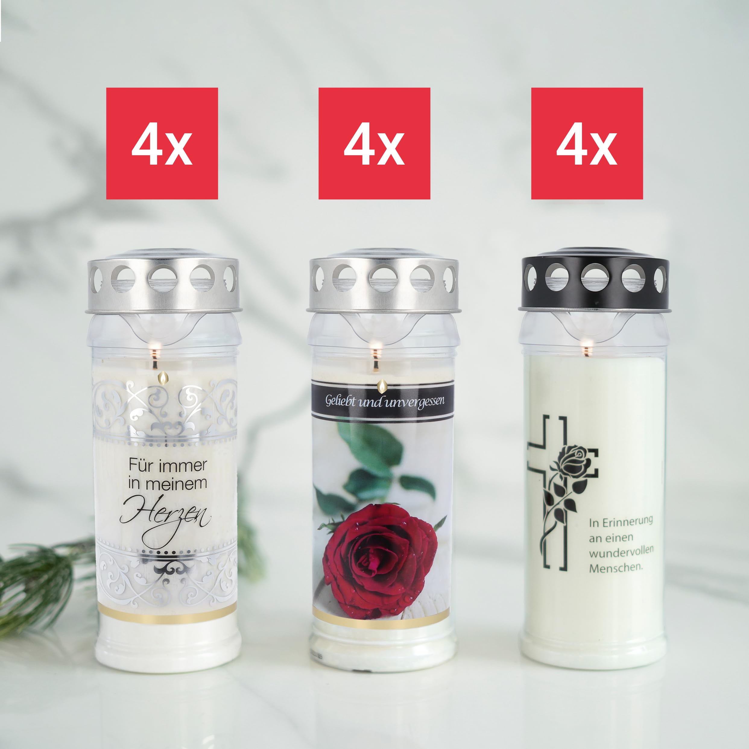 12-częściowy zestaw świec pogrzebowych HOFER czas palenia 7 dni – oryginalny produkt [Ewiheit Select] świece żałobne z pokrywką | znicz świeca cmentarna z motywem i sentencją | świece do dekoracji