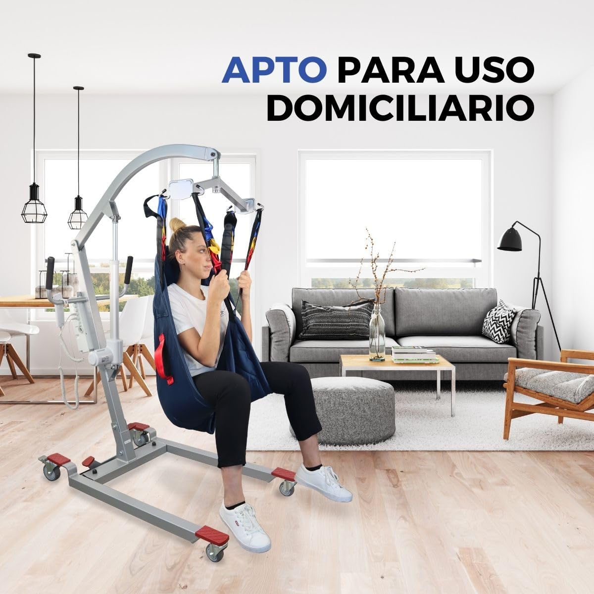 Mobiclinic®, Grúa para Personas Mayores Eléctrica, Hasta 180 kg, Incluye Arnés de Transferencia, Ancho Ajustable, Uso Mientras se Carga, Ruedas con Freno, Segura, Acero, Fortuna Basic