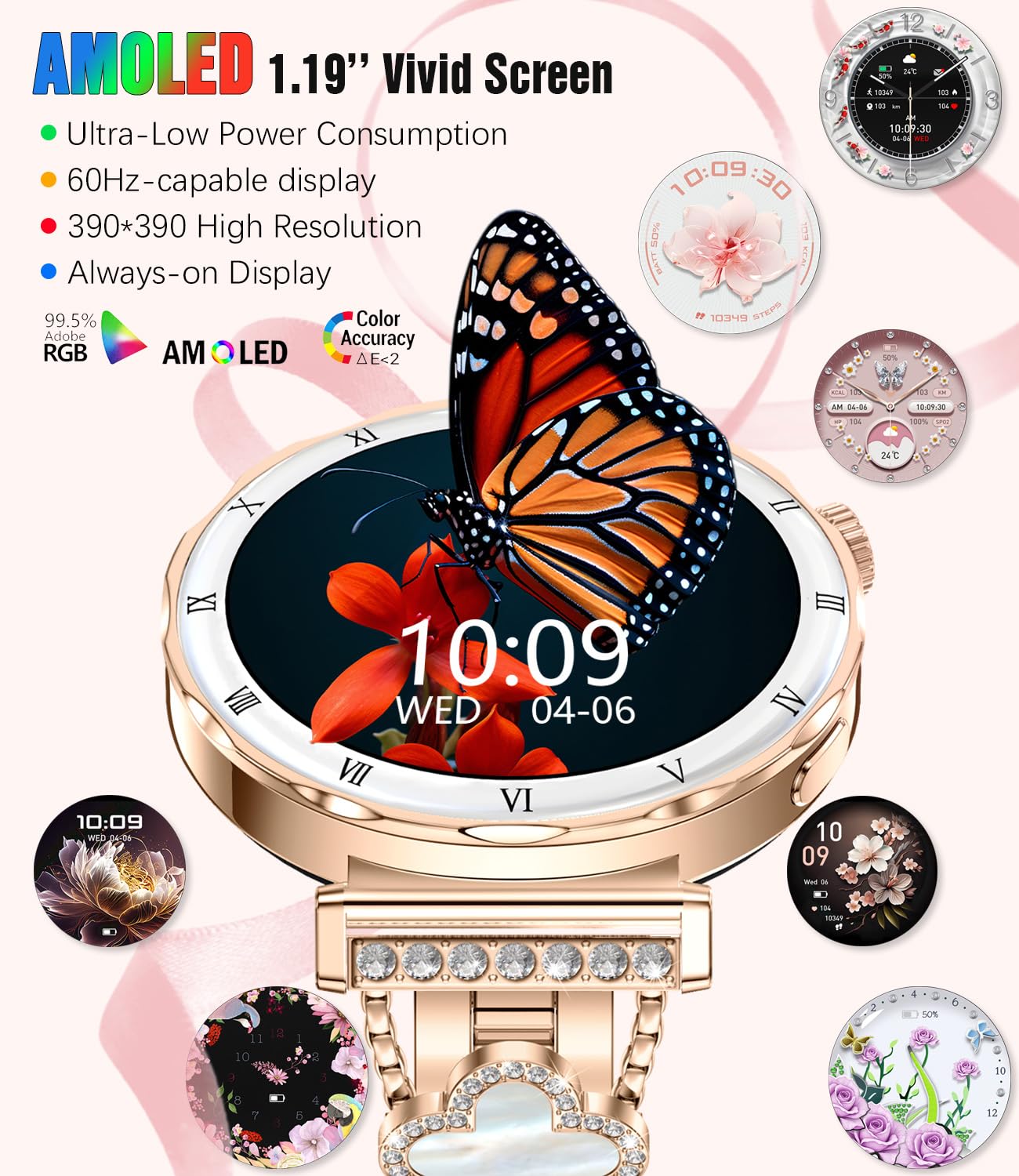 Montre intelligente pour femmes, écran AMOLED HD de 1,19" - Smartwatch pour femmes, bracelet de fitness avec moniteur de fréquence cardiaque/sommeil, appel Bluetooth, étanche IP67, compatible avec iOS