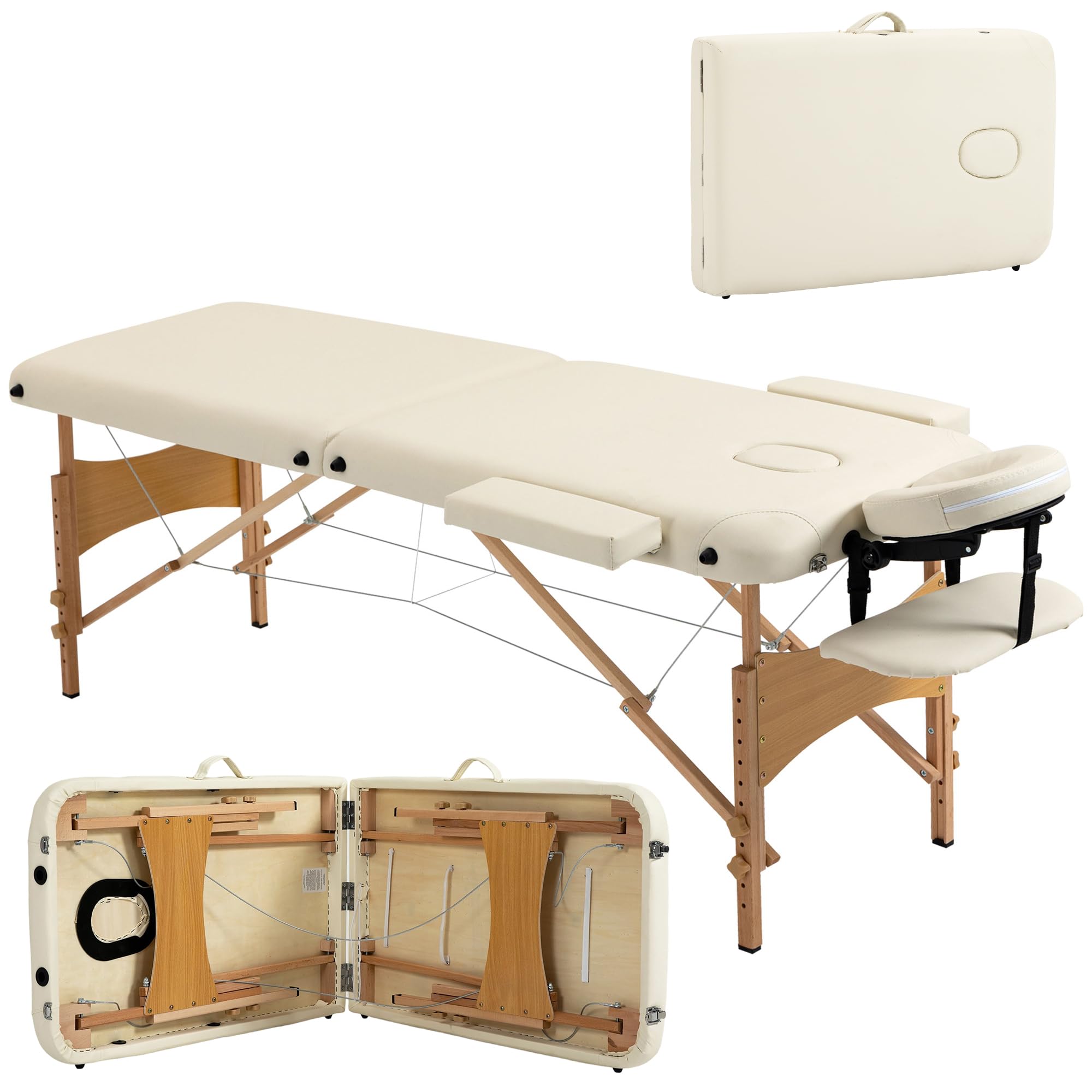 HOMCOM Camilla de Masaje Plegable 210x81 cm Camilla Estética Profesional con Reposacabezas Extraíble 2 Zonas Asa y Marco de Madera con Altura Regulable y Bolsa de Transporte Crema