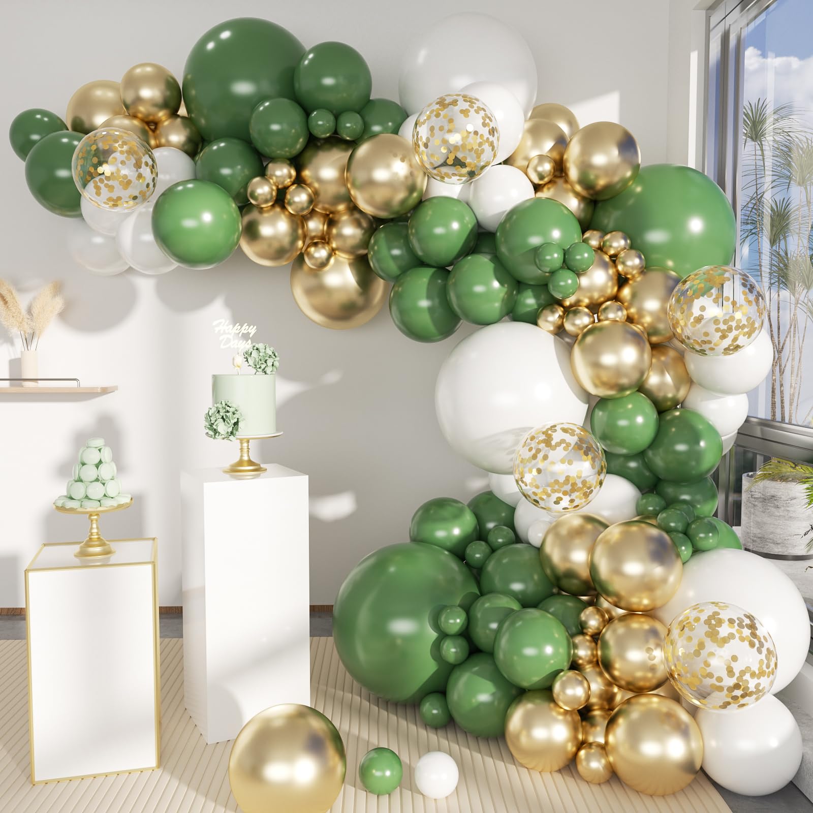 MEBAY Green White Gold Balloon Arch Kit, 146Pcs Avocado Green Metallic Chrome Gold Confetti and White Latex Balloons for Wedding Birthday Baby Shower