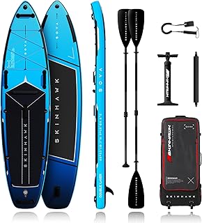 SKINHAWK SOVA12 Premium SUP Board Set 366 cm – Aufblasbares Stand Up Paddle Board bis 180 kg – Fiberglas Paddel auch als Kajak Doppelpaddel – Doppelhubpumpe, Trolley Rucksack
