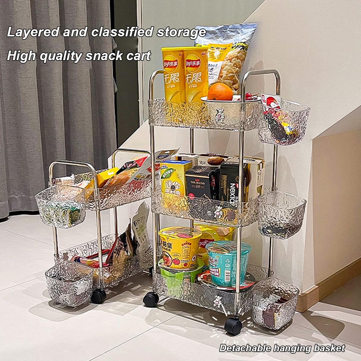 Carrito transparente de tres niveles, estantería de almacenamiento móvil, estantería para libros, estantería para aperitivos, con 2 cestas colgantes grandes, adecuado para sala de estar,