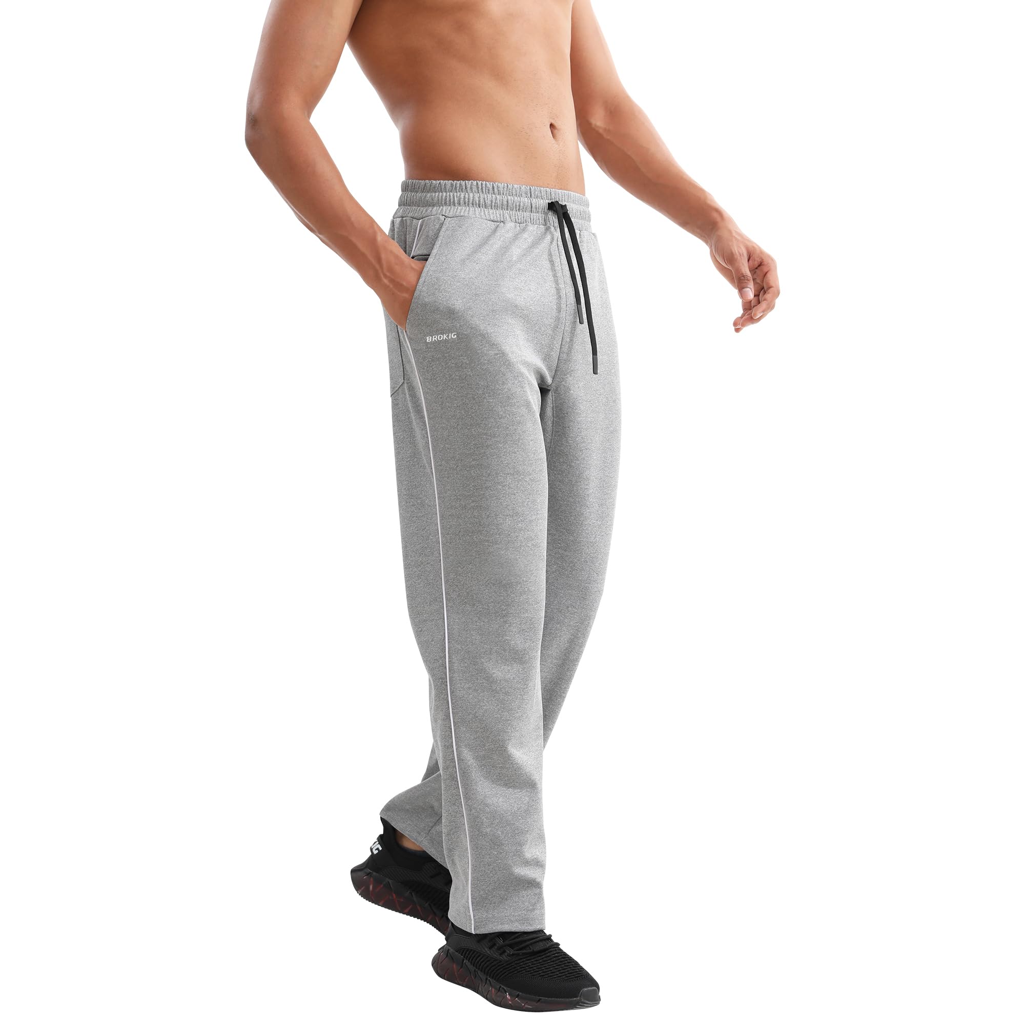 BROKIG Gerade Hose Trainingshose Sporthose Herren Lang | Loser Passform Freizeithose Herren, Open Bottom Joggers, Training Jogginghose Herren mit Reißverschluss Taschen