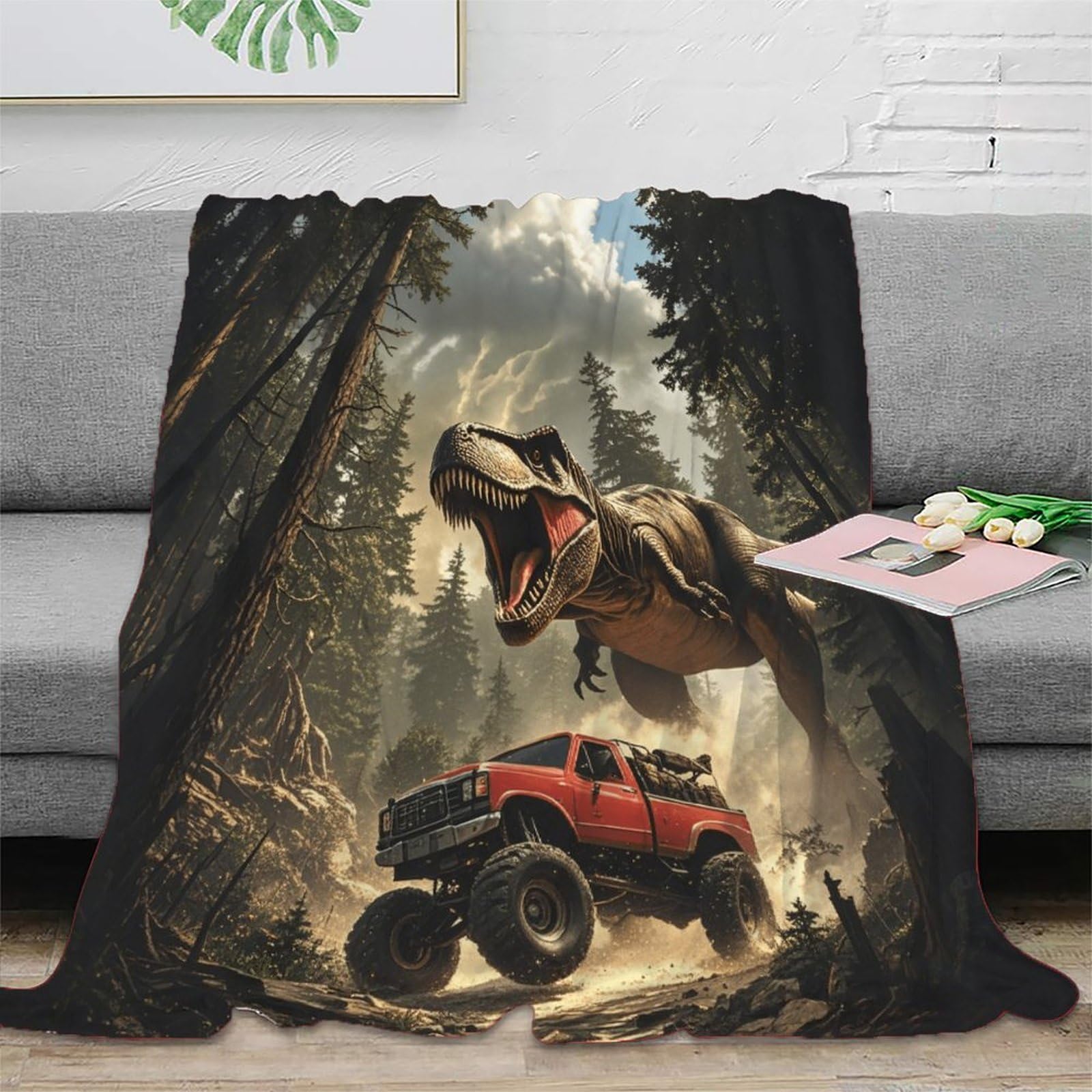 Dinozaur miękki i ciepły koc flanelowy, koc polarowy w kratę do łóżka, sofy, 80 x 90 cali (200 x 230 cm) T-Rex Monster Truck Pluszowy koc z polaru Sherpa - efekt uspokajający głęboki nacisk