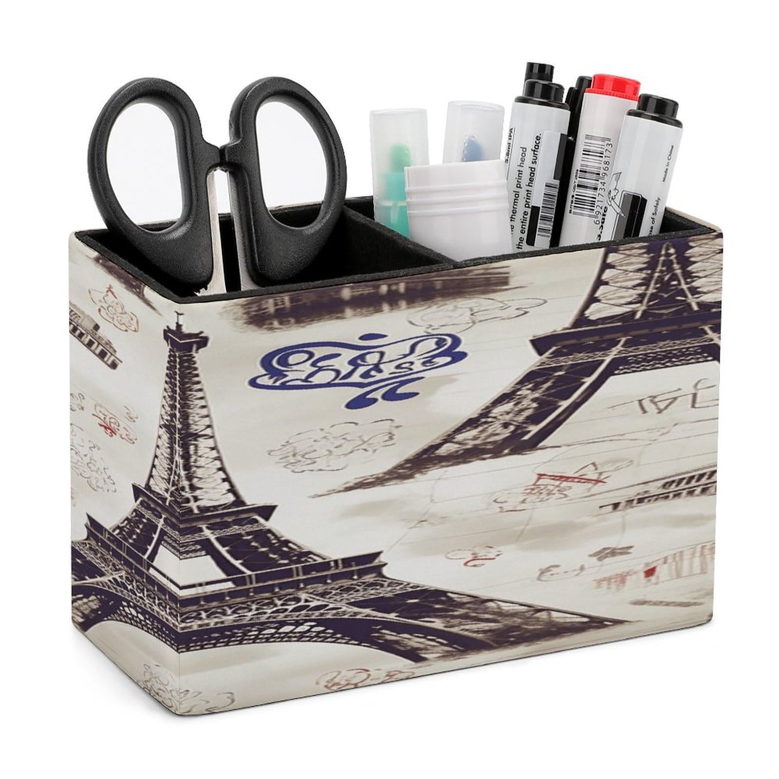 VstaDank French Paris Tour Eiffel Tower Pen Holder Double Compartments Pen Cup Fashion Makeup Brush Holders Leather Pencil Holder for Work Locker Accessories Modern Pencil Cup for Desk Organizer