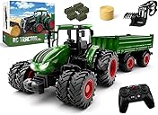 Remote Control Tractor Toy, Kids RC Tractor Set & Truck and Trailer Front Loader - Metal Car Head/8 Wheel/Light, Toddlers Farm Vehicle Toys for 3 4 5 6 7 8 9 Year Old Boys Girls Birthday Gift