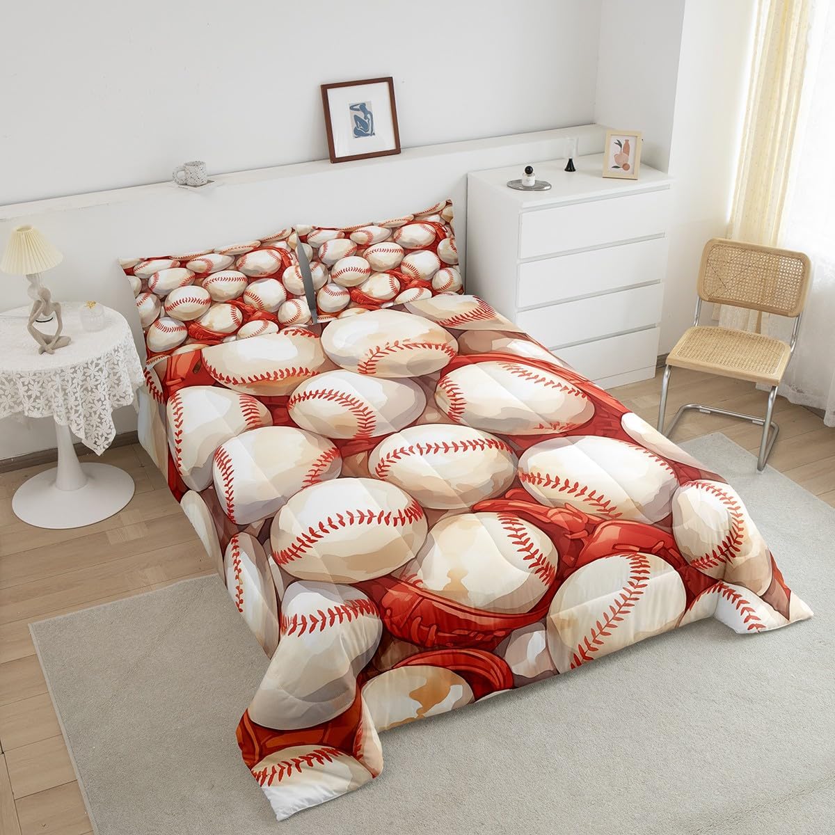 Softball Comforter Set Queen Size,Baseball Games Bedding Set for Kids Boys Teens Men Room Decor,Ball Sports Theme Microfiber Duvet Insert 3Pcs,White Red Balls Modern Fashion Quilt Set,2 Pillowcases