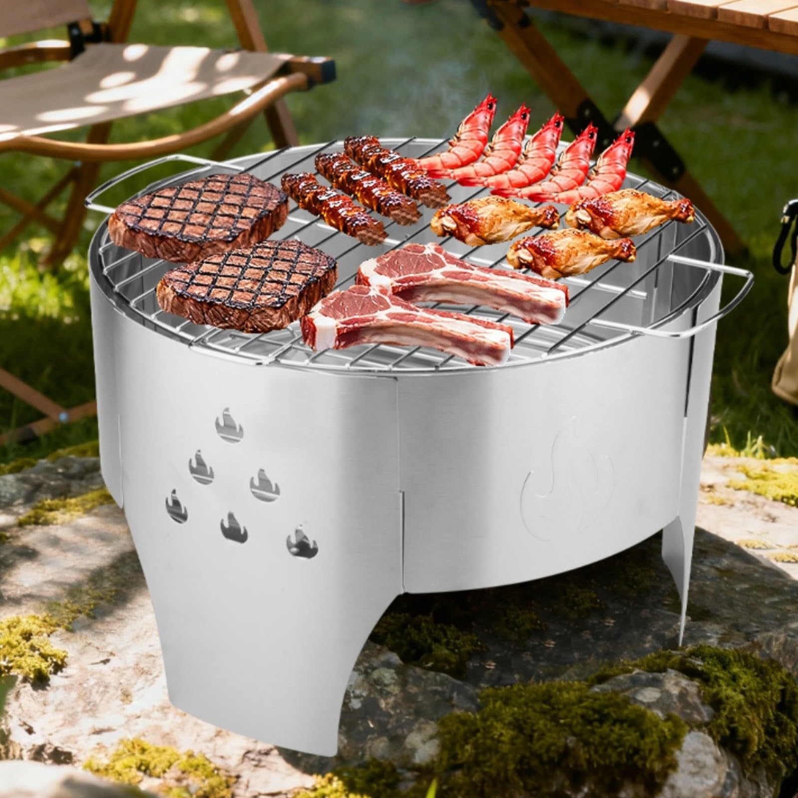 Griglia portatile in acciaio inox, per barbecue da 40 cm, leggera, con borsa per il trasporto, braciere multifunzione a legna e carbone per campeggio all'aperto e feste in giardino, argento