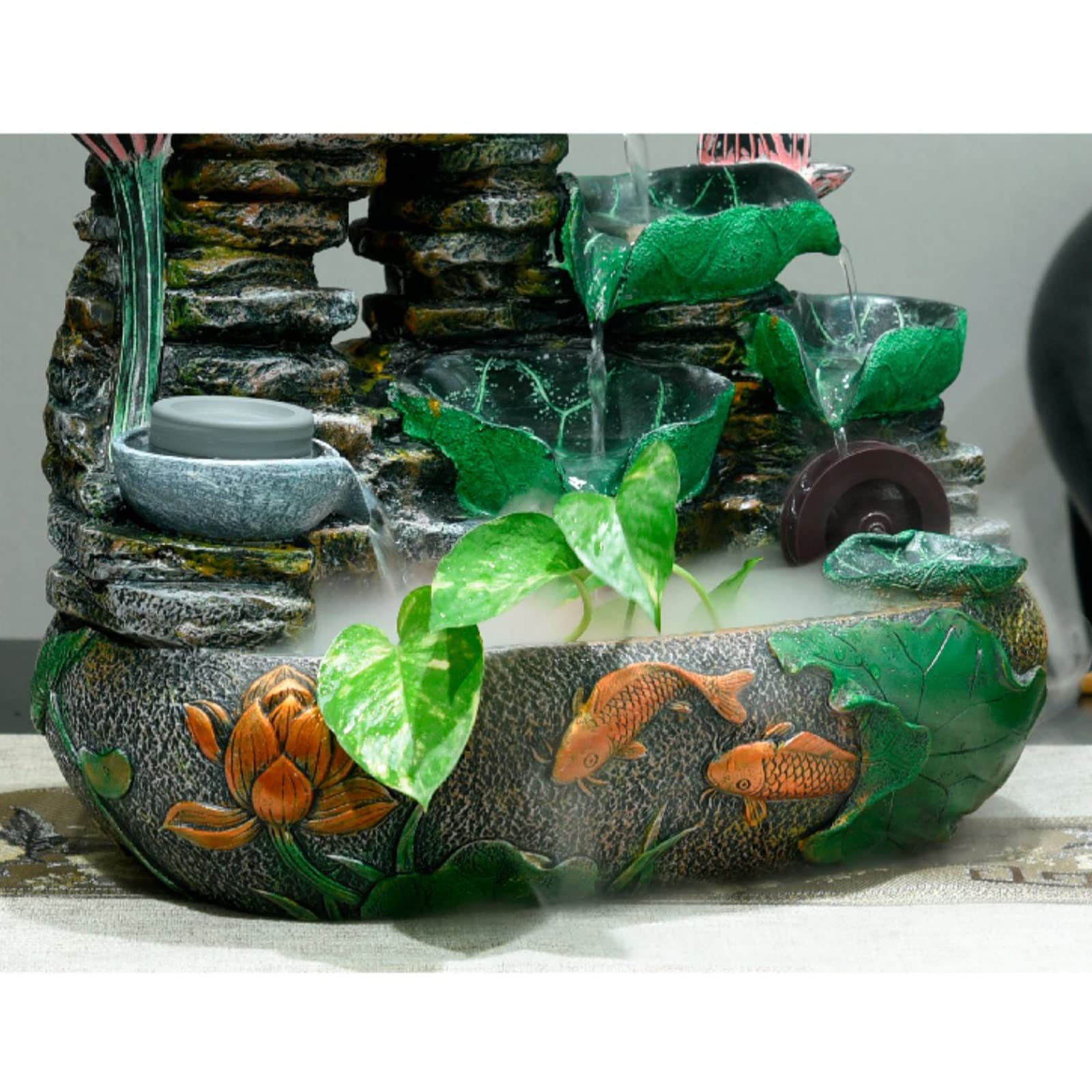 Fontana da Interno Feng Shui Fontana da tavolo con cascata di cascate di roccia a foglia di loto in resina, fontana da interno, con macchina for nebulizzazione d'acqua e pompa Fontana da interni(M)