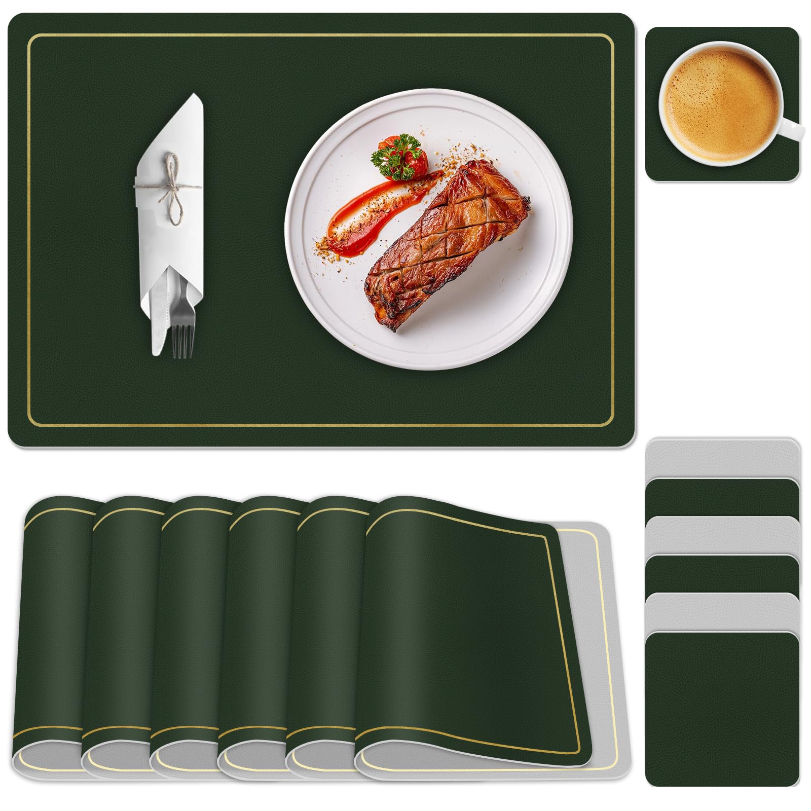 Placemats Set of 6, Dual Sided Faux Leather Table Mats and Coaster Set of 6, Heat-Resistant Washable Wipe Clean Square Place Mats for Table 6, Dining Table Mat for Kitchen Indoor Outdoor - Green Grey