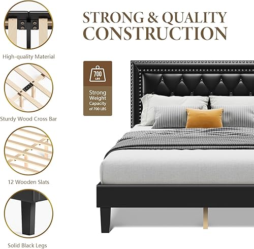 Miniatura 5 de Origeture Base de cama de tamaño matrimonial con cabecero ajustable, marco de cama de plataforma completa, tapizado de piel sintética, listones de