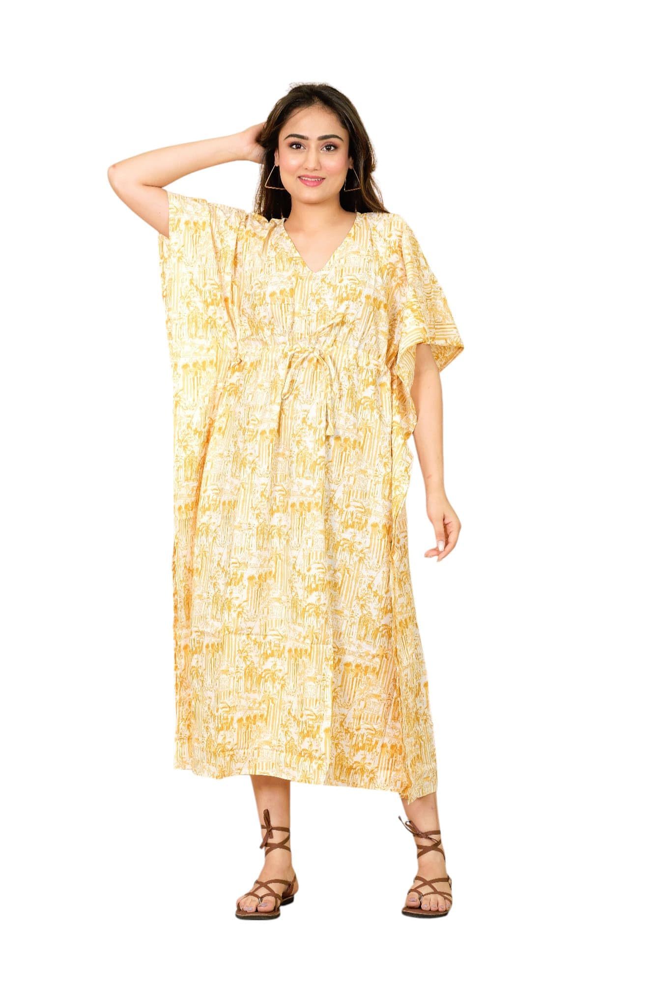 Hand Block Printed Cotton Kaftan - Pink Floral Printed Casual Wear Night Kaftan, 100% Cotton Kaftan, Soft & Cozy Printed Night Kaftan-image-17