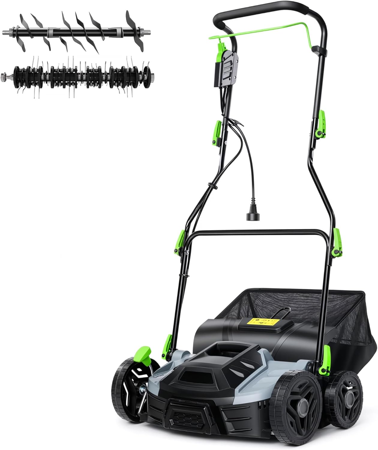Electric Lawn Dethatcher Scarifier 15.5 Amp, 14-Inch Corded Dethatcher with 14.5 gal Collection Bag, 5-Position Depth Adjustment, 2-in-1 Aerator with Carbon Steel Blades for Spring Fall Lawn Care