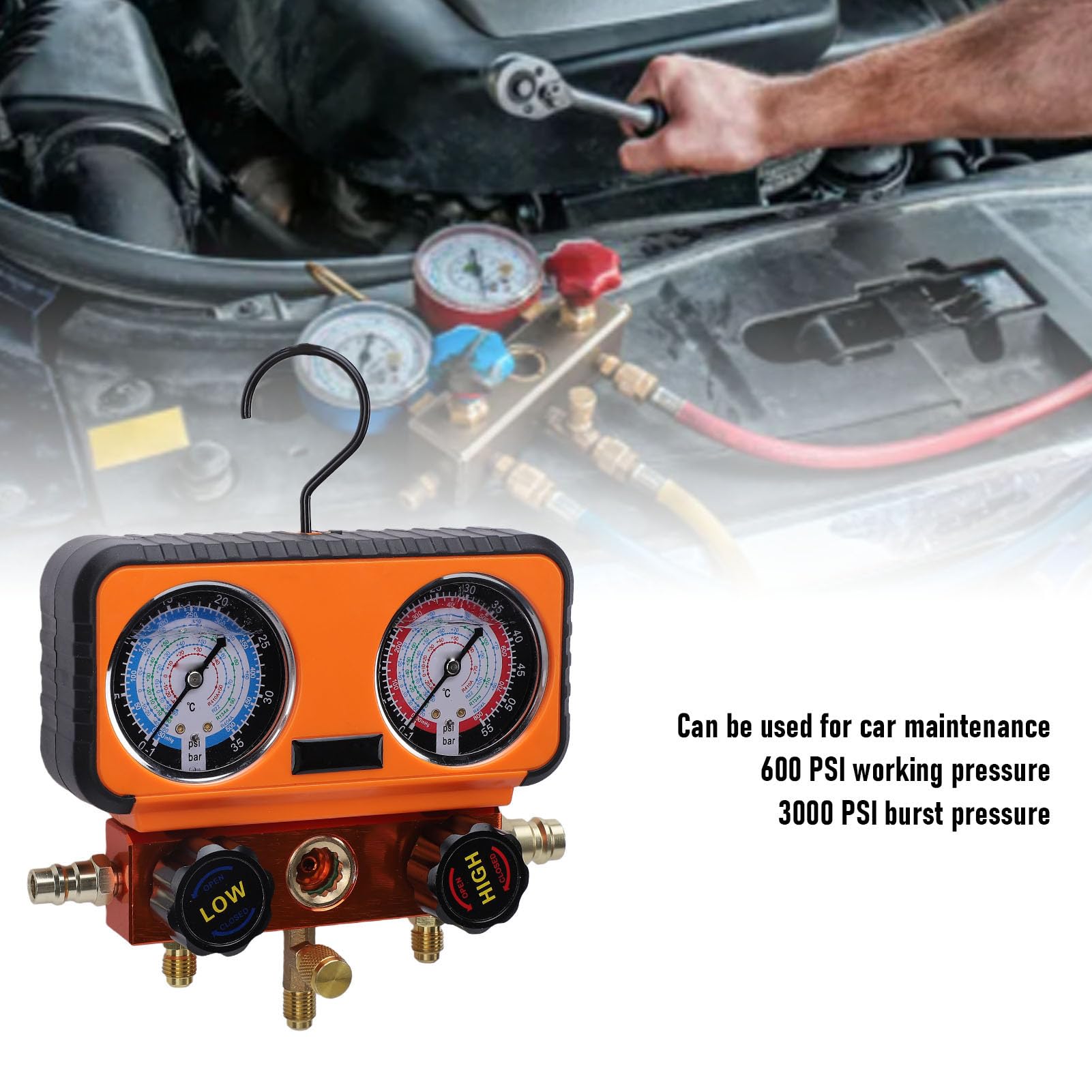 Bewinner Juego de Manómetros de CA, Manómetro HVAC con Mangueras, Kit Completo de Recarga de Aire Acondicionado Lleno de Aceite para Refrigerantes R1234yf R134a R404a R12 R22 R502