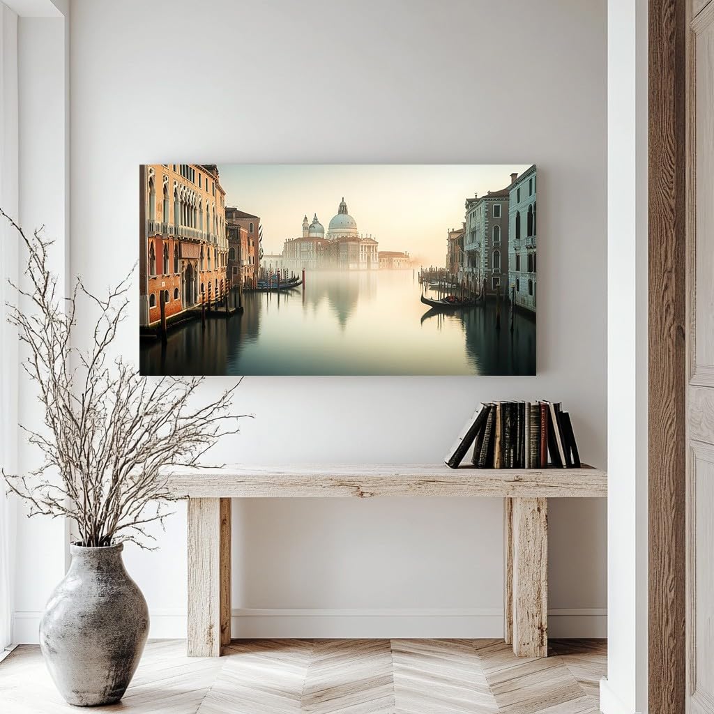 Generisch Leinwandbilder Modern Venedig Wandbild mit Rahmen Romantisch | Fluss Leinwand 60x120 cm, Retro Architektur Modern Wanddeko für Wohnzimmer Schlafzimmer Esszimmer Zimmer