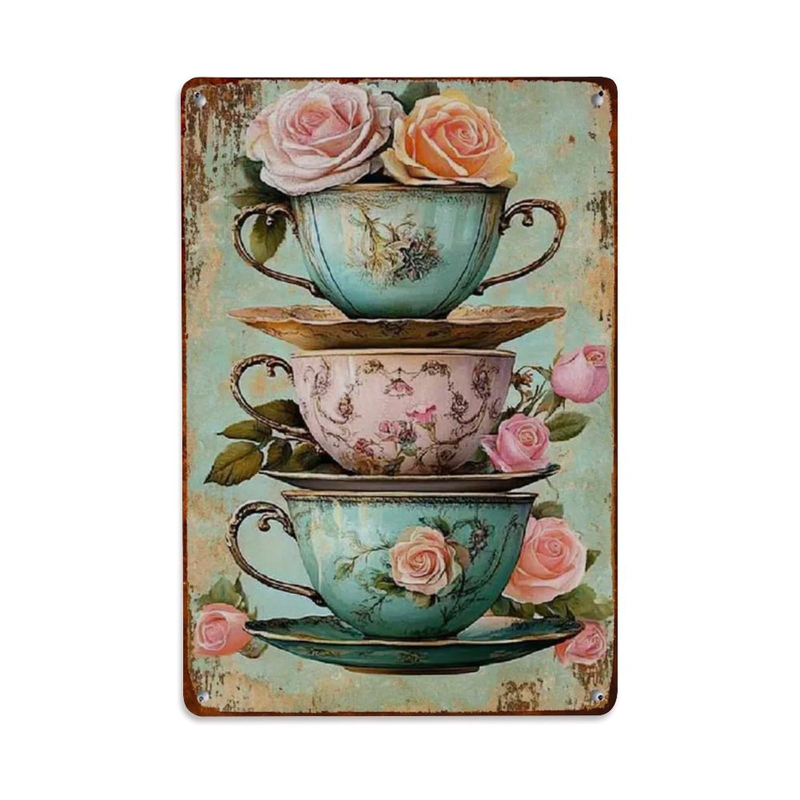 Rose Teacup Metal Tin Sign Vintage Garden Bedroom Cafe Bar Man Cave Home Wall Decor Metal Poster 8x12 in