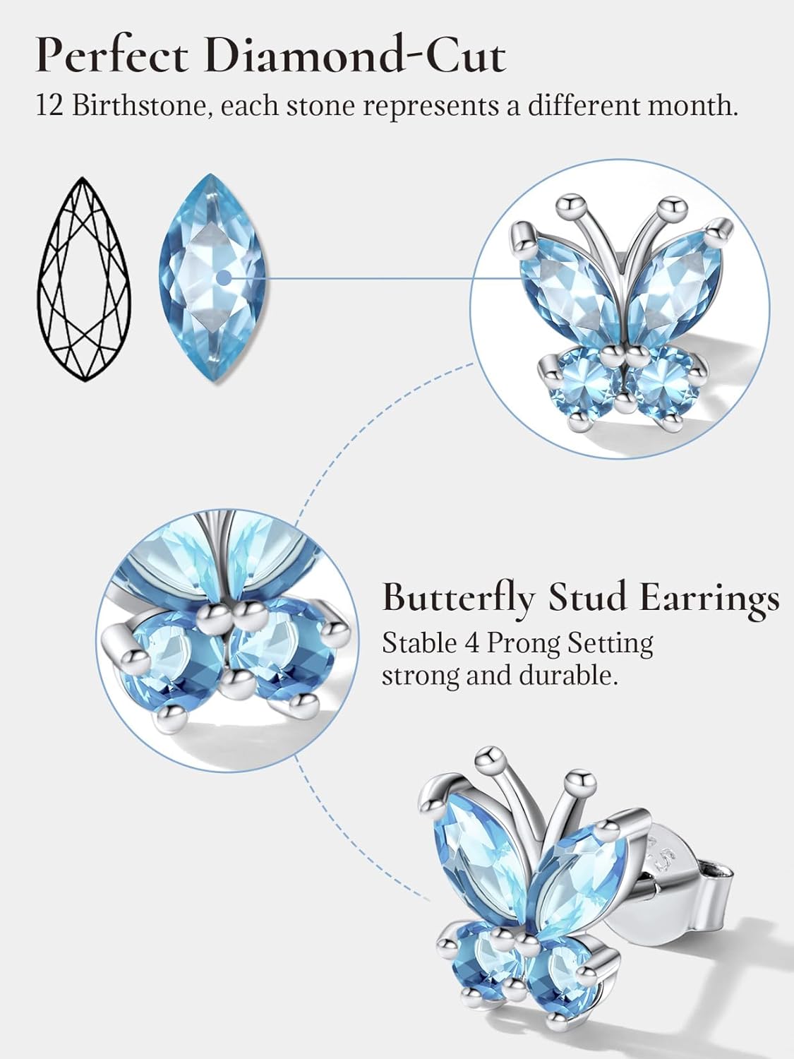 SILVERCUTE 925 Sterling Silver Butterfly Earrings for Women,Butterfly Birthstone Stud Earring/Ear Cuffs,Hypoallergenic Birthday Earrings for Women - Image 5