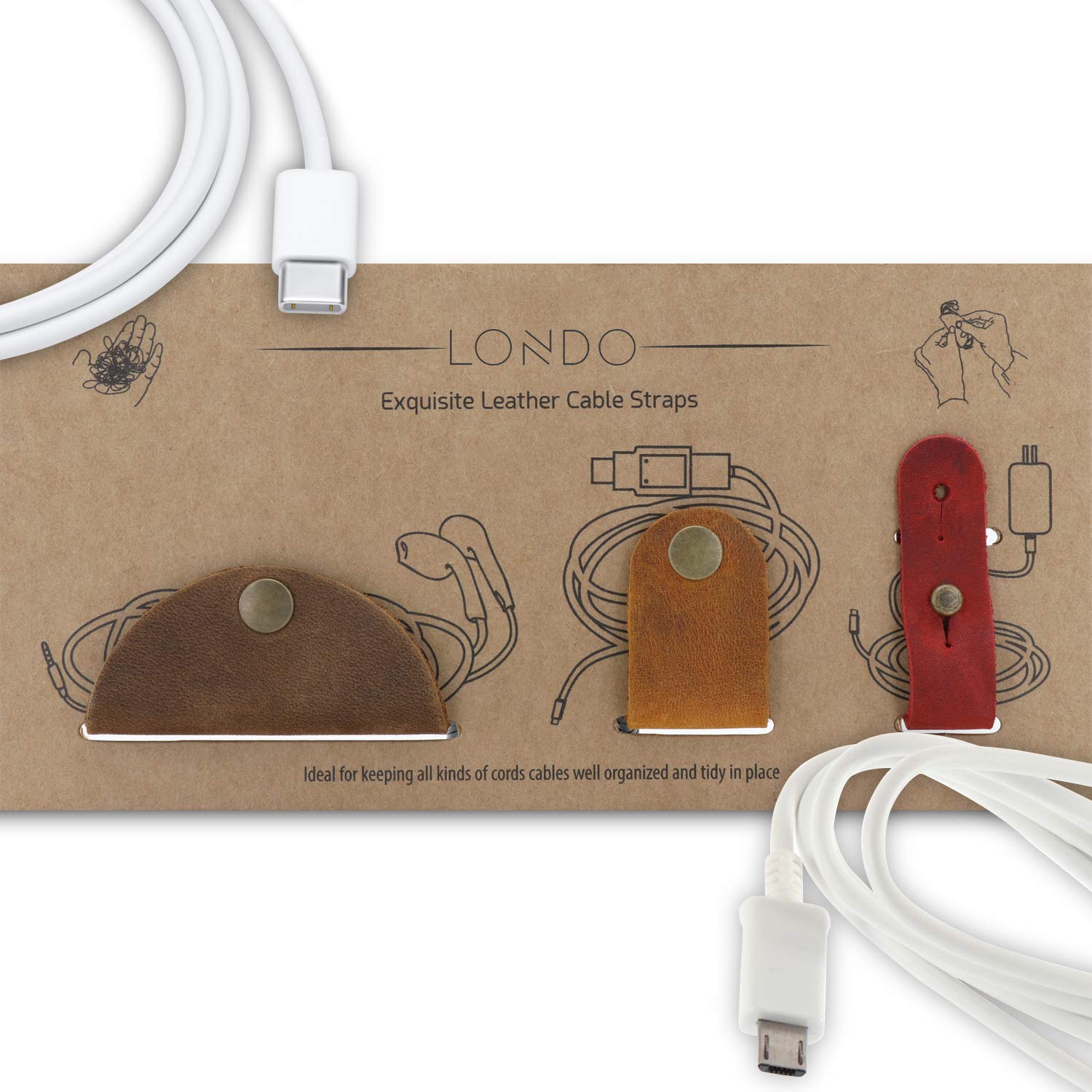 Londo Skórzany Organizer Na Kable i Słuchawki Zestaw - Uporządkuj Kable USB, Słuchawki - Skóra Naturalna, Cynamon/Brąz