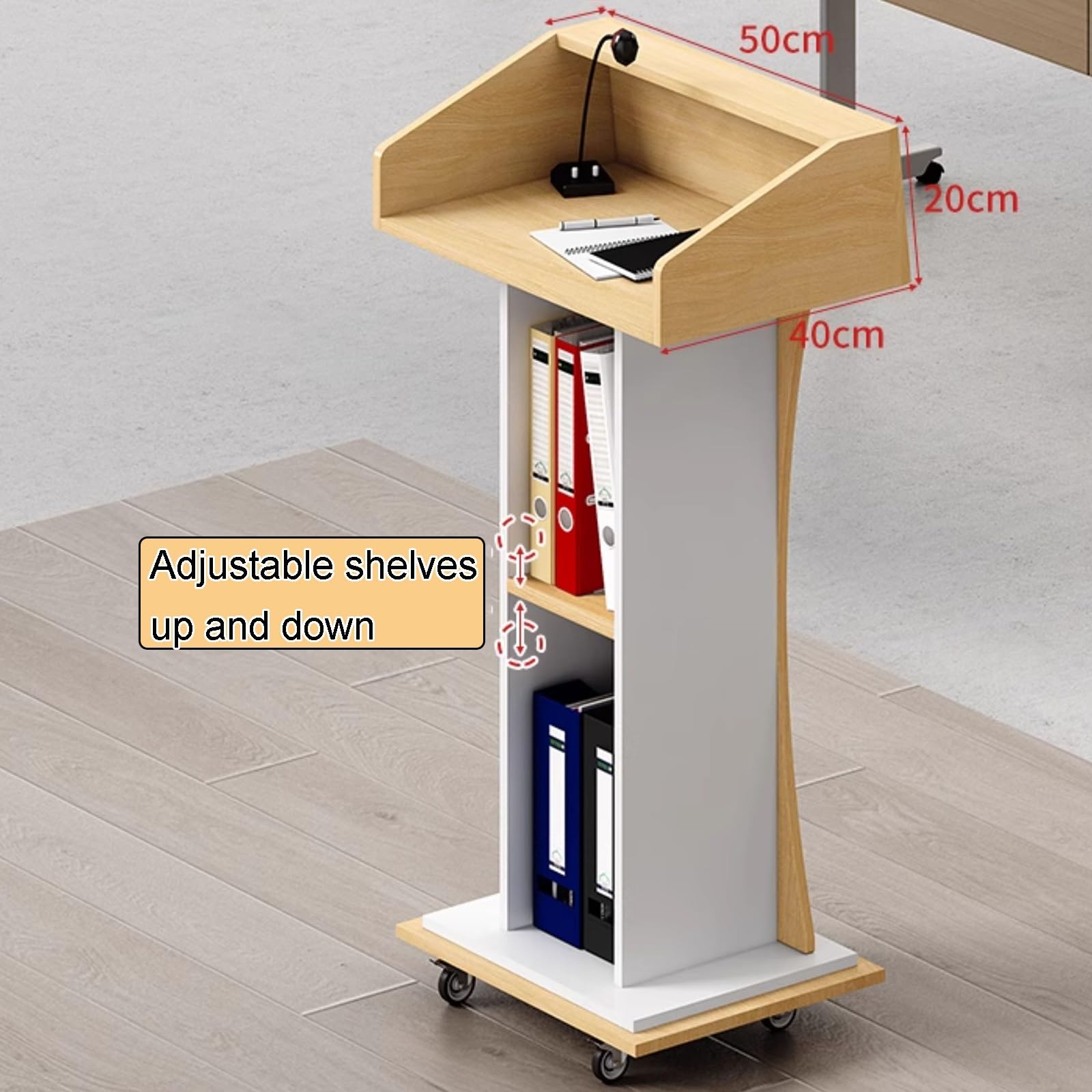 Comptoir de Réception en Bois Pupitre de Bureau Podium de Conférence Panneaux Épais de 16mm Étagères de Rangement à Deux Niveaux à Hauteur Réglable roulettes Pivotantes Verrouillables(Gray)