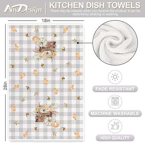 Miniatura 2 de Toalla de cocina de otoño de 18 x 28 pulgadas, diseño de hojas de otoño de Hello Pumpkin, paño de cocina gris a cuadros de búfalo decorativo para
