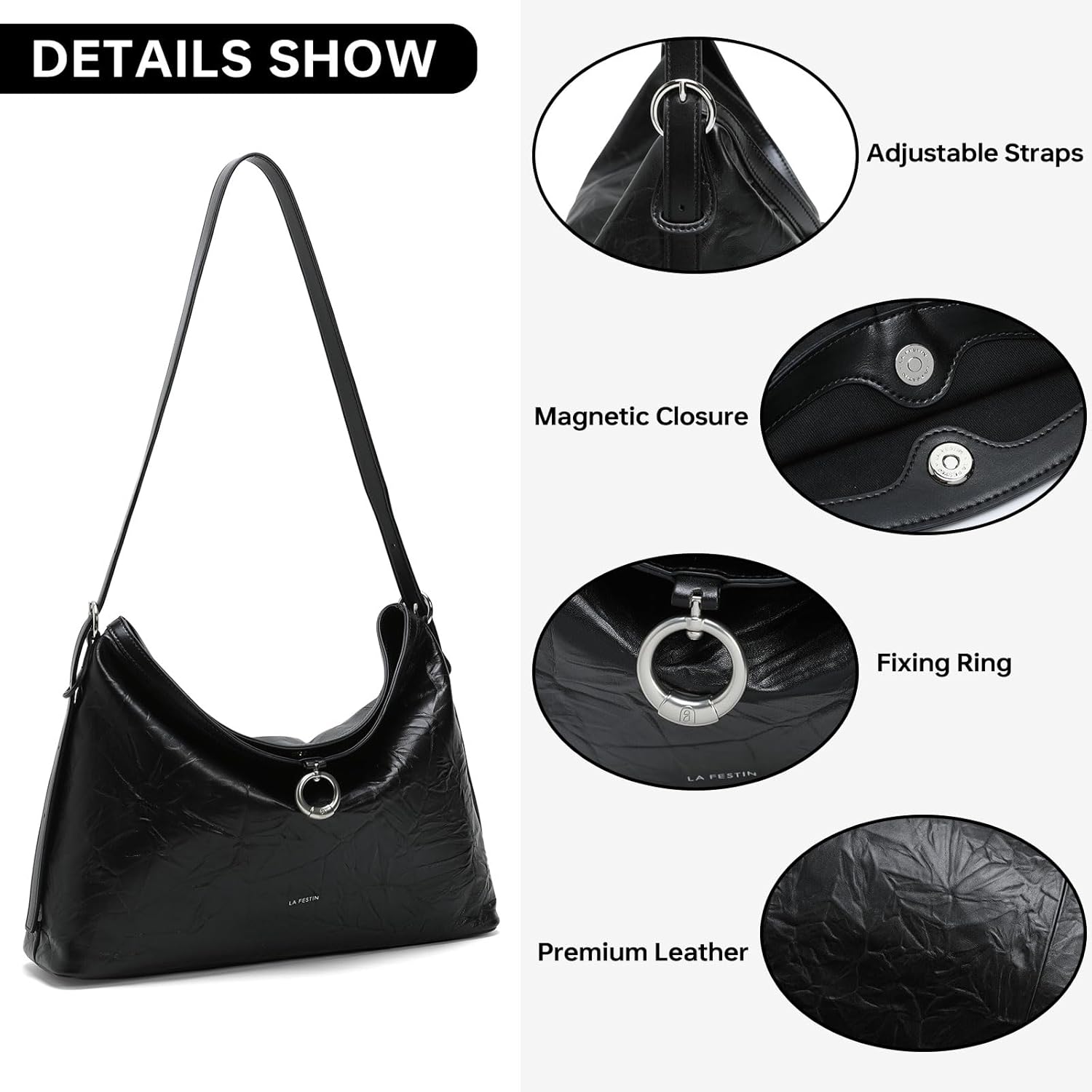 LA FESTIN Leather Hobo Bag for Women Adjustable Strap Crossbody Shoulder Handbag Perfect for Dating,Commuting & Travel - Image 5