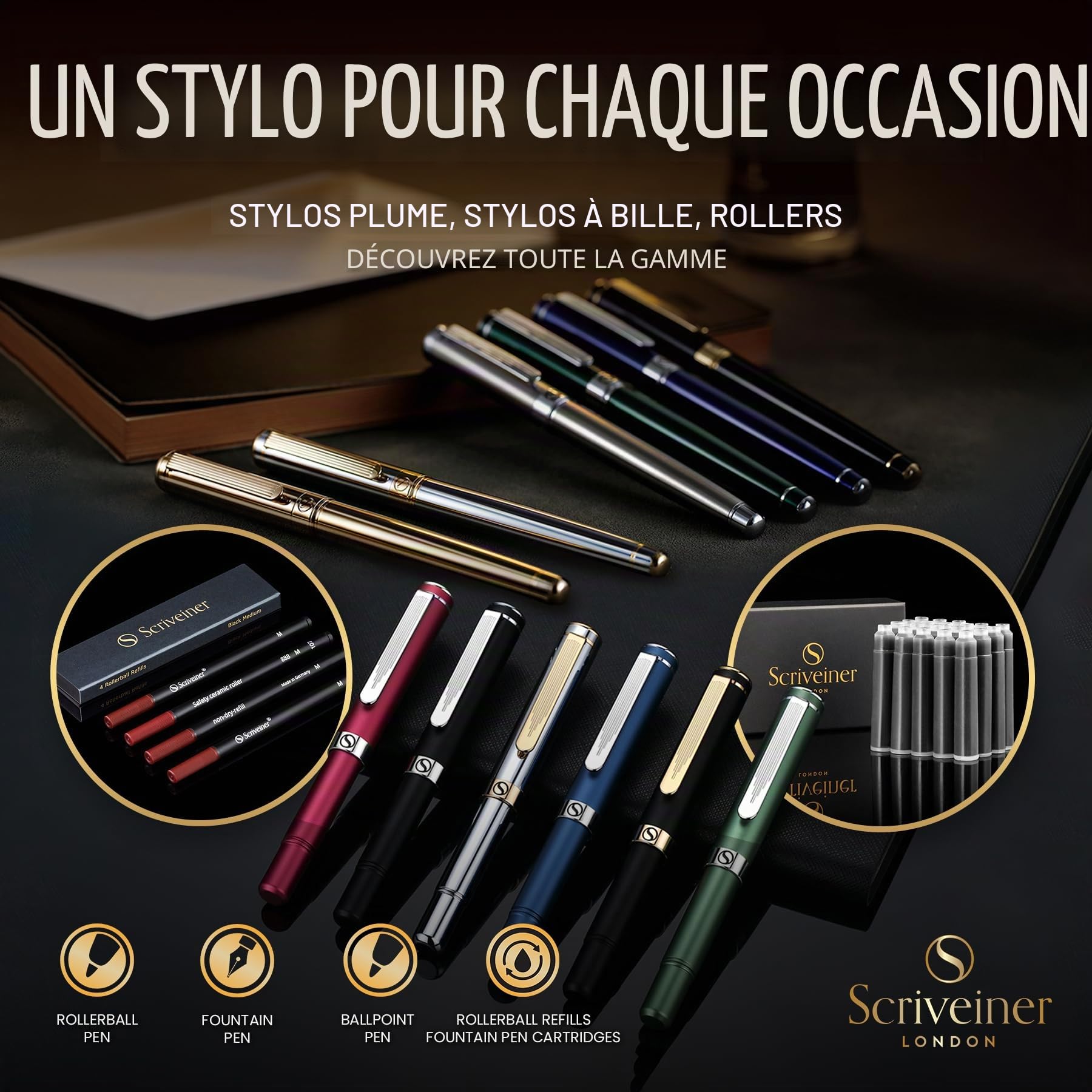 Scriveiner Stylo Plume Midnight Blue – Superbe Stylo avec Finition chromée, Plume Schmidt (Moyenne), Coffret Idéal pour Homme et Femme, Professionnel, Directeur, Bureau, Beau Stylo