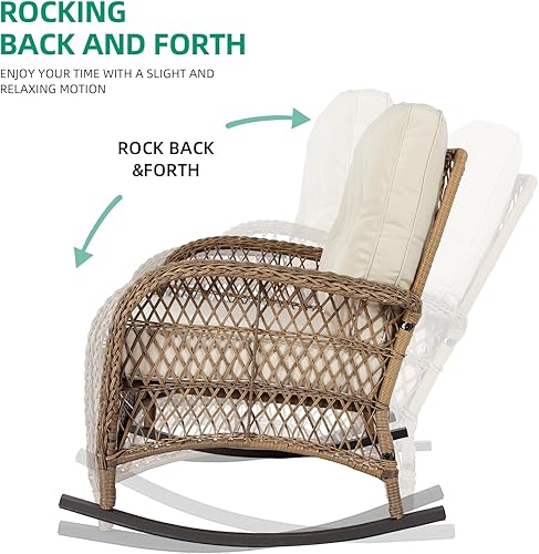 Miniatura 2 de VIVIJASON Mecedora de mimbre para exteriores con mesa auxiliar, juego de sofá mecedor de ratán para 2 personas con cojines gruesos, mecedora de sofá