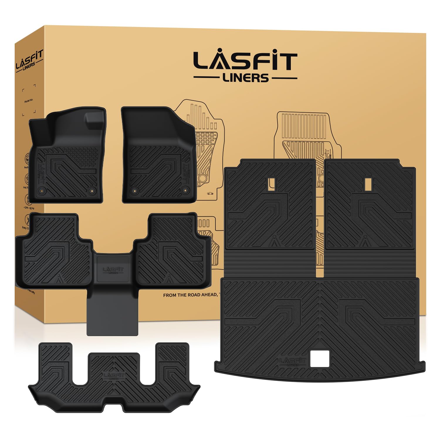 LASFIT TPE All-Weather Floor Mats Full Set for Volkswagen Atlas 2019–2026, 6-Seat Captain’s Chairs, 3-Row Floor Mats, Cargo Liner &amp; Seatback Liners, Black