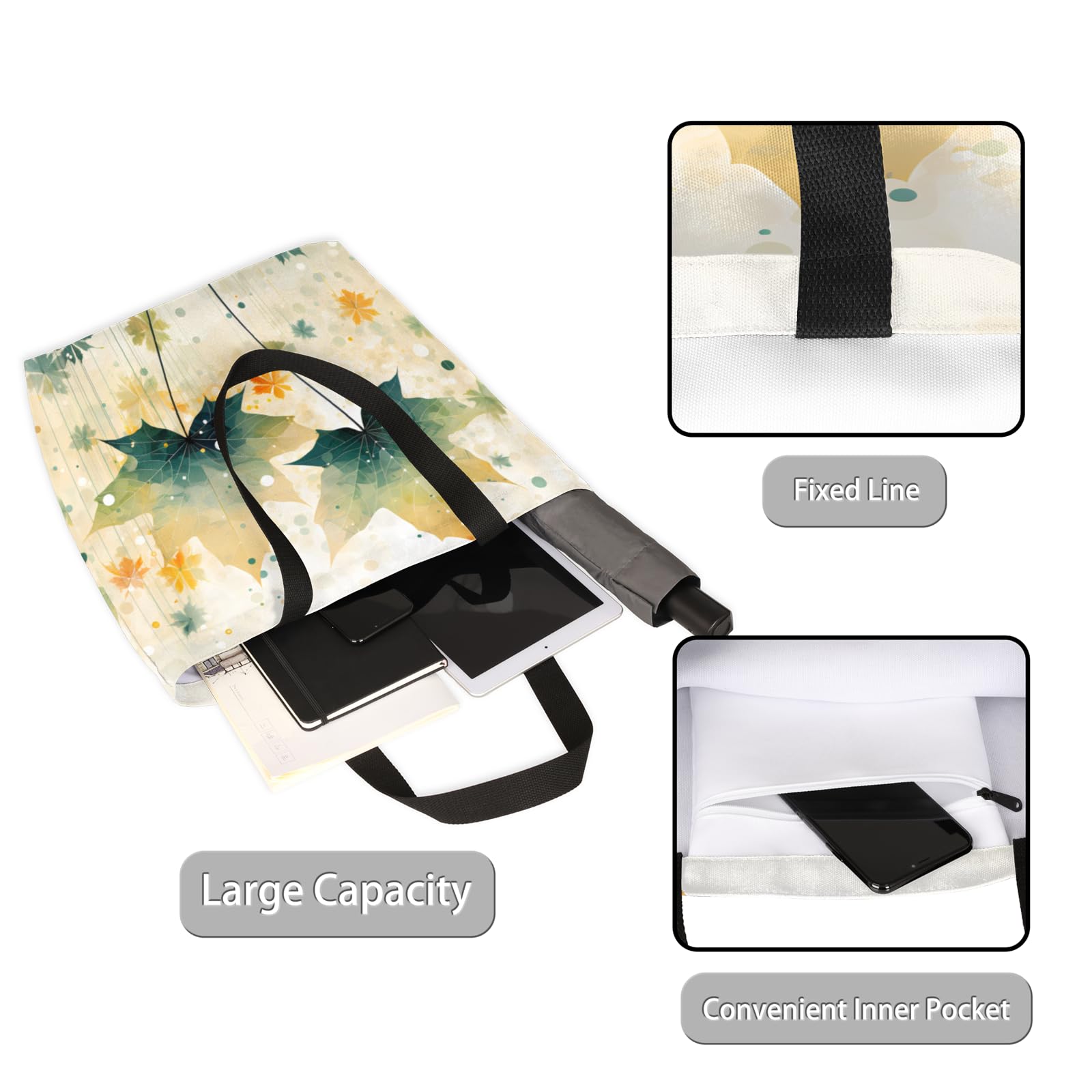 Mularoka Vintage Watercolour Leaves Large Capacity Canvas Tote Bag Stylish Handheld Shoulder Bag Reusable Shopping Bag for Work Travel Beach Trips Shopping