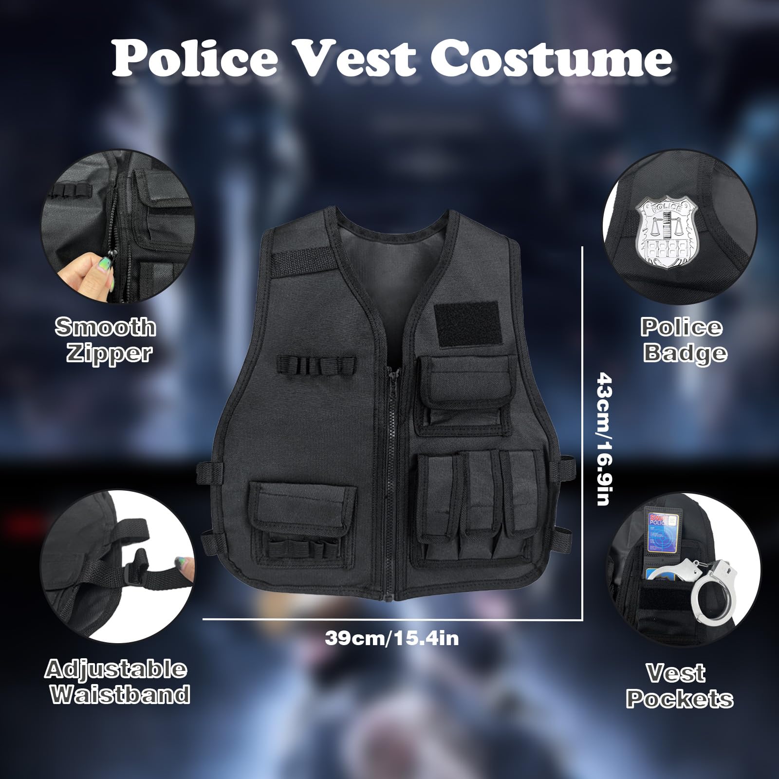 KalaDuck Police Costume Kids, 14PCS Police Accessories with SWAT Tactical Helmet, Vest, Toy Handcuffs and Toy Gun - Image 3