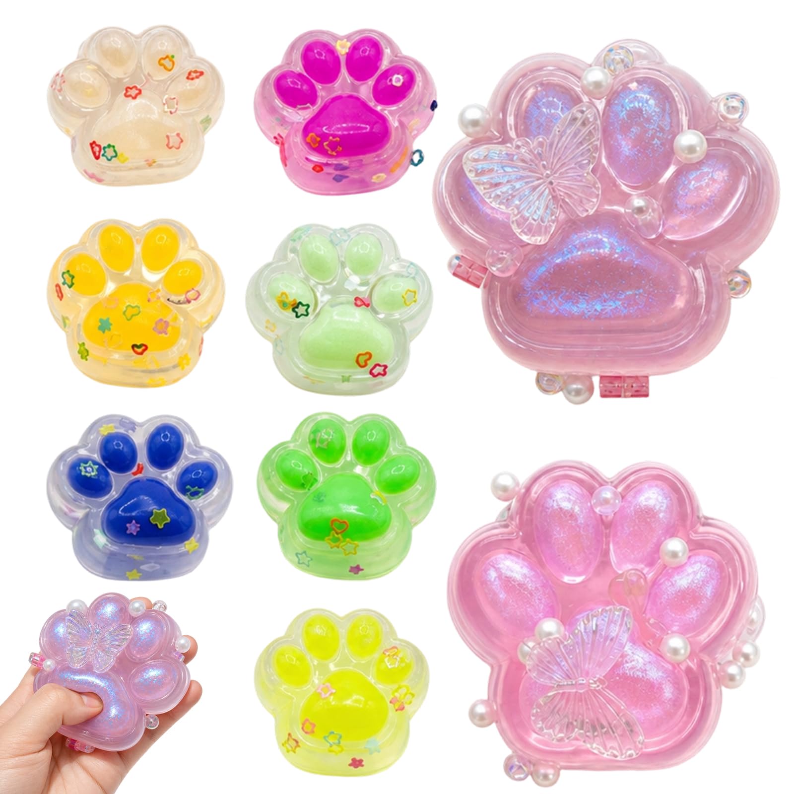 9 PCS Paw Squishy, Cat Squishy Paw, Cat Paw Squishy for Stress Relief Decoration, Cat Paw Squishies with two Seven-Centimetre Pink and Purple Paw Plus Seven Random Three-Point-Five-Centimetre