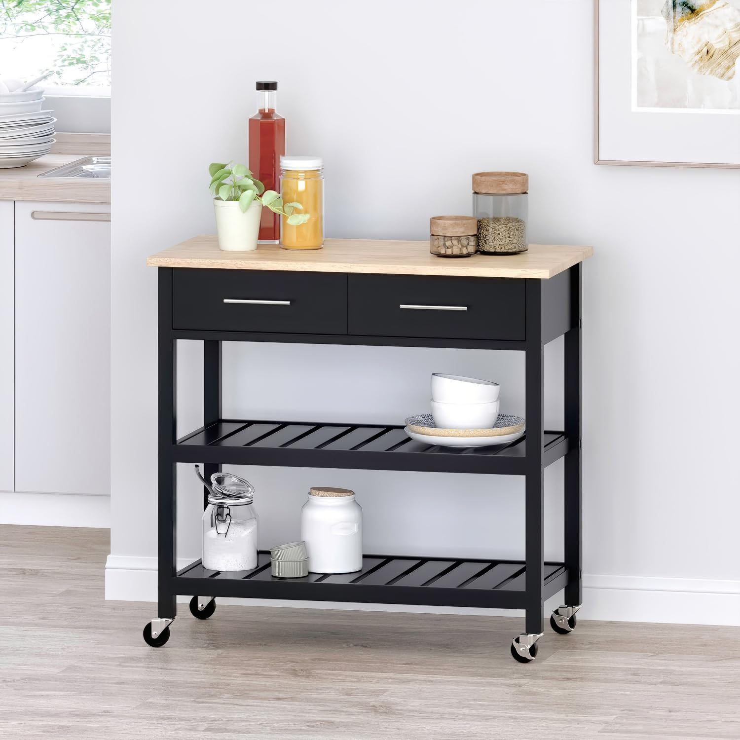 SEALODY Kitchen Cart, Wood Kitchen Island with 2 Drawers and 2 Open Shelves, Multifunctional Mobile Kitchen Storage Cart for Kitchen, Restaurant, Black