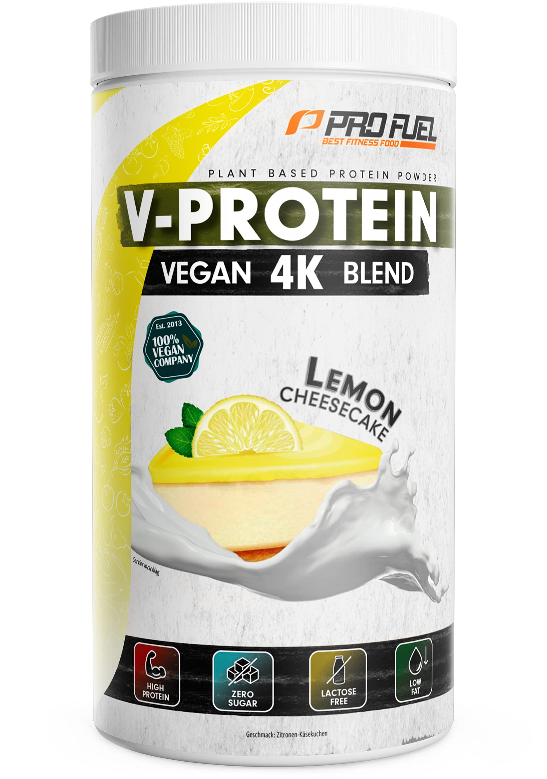 Vegan Protein Pulver ZITRONE KÄSEKUCHEN - V-PROTEIN 4K Blend, 750g | Unglaublich lecker & cremig | Aus Sonnenblumen, Soja, Hanfsamen & Kürbiskernen | Pflanzliches Eiweißpulver mit 80% Eiweiß