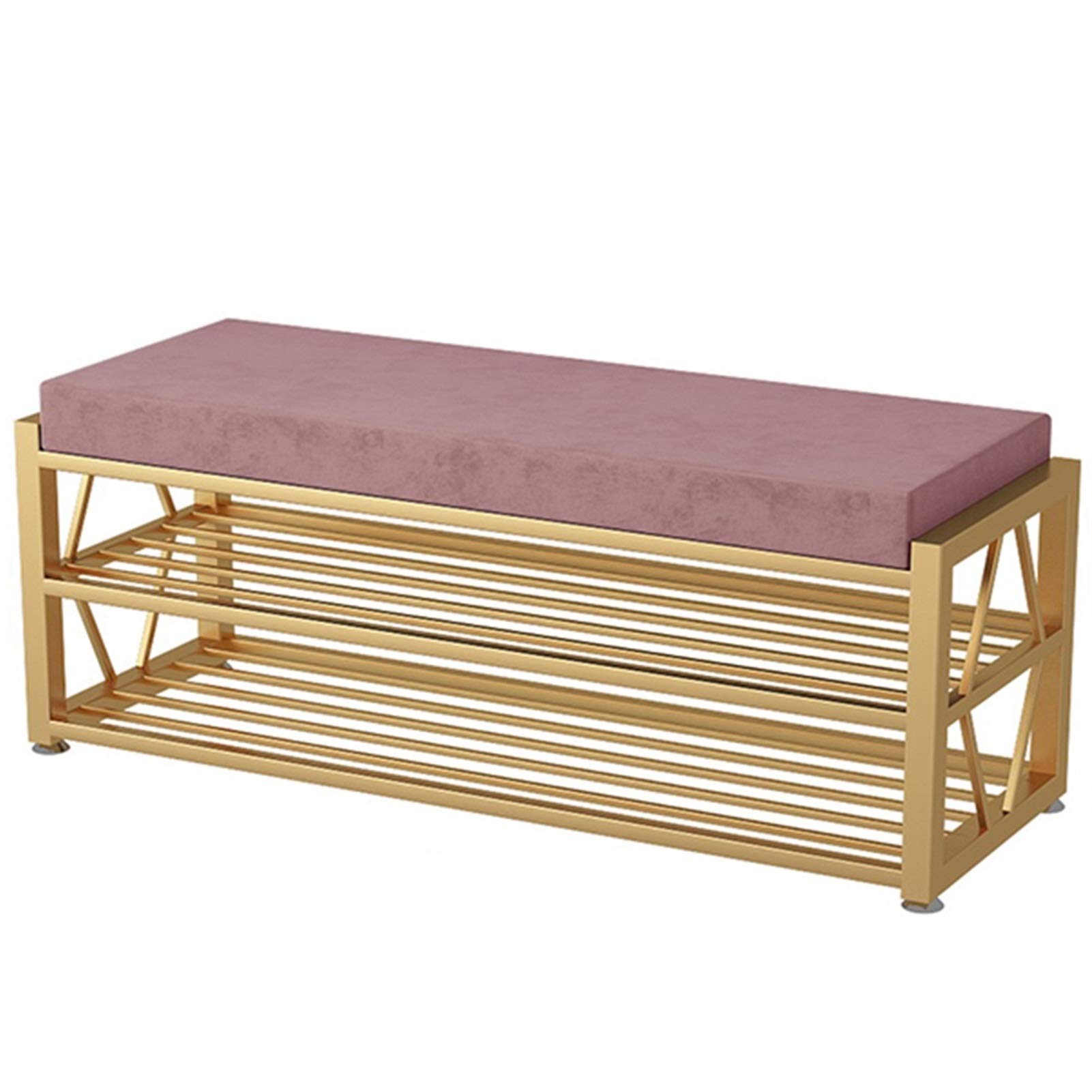 SXZenSpace Shoe Rack With velvet sponge cushion changing stool Portable storage design iron Living room sofa 80/100cm Space Saving (Color : Pink,Size 100cm/39.4in)