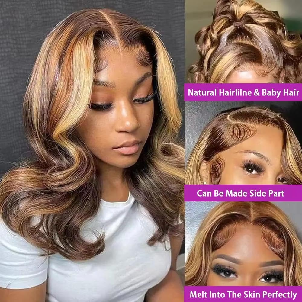 Haarpflege Honigblonde Highlight-Körperwelle Bob-Echthaar-Perücke 13 X 4 HD Transparente Spitze-Front-Perücken(180%,10inches)