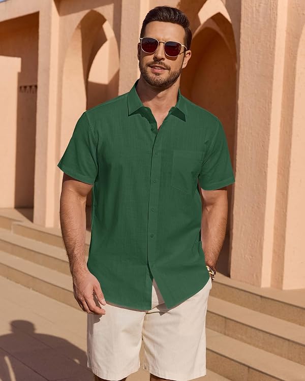 Lusead Mens Linen Shirts Short Sleeve Button Down Casual Shirt Untucked Beach Summer Top with Pocket Army Green Medium by Lusead - Used condition - Image 4