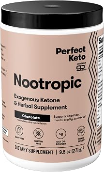 Perfect Keto Nootropic Brain Support, Caffeine Free Focus and Energy Supplement with Alpha Lipoic Acid, L Theanine, Ginkgo Biloba, Alpha GPC, MCTs, Collagen, Ketones, Chocolate Drink Mix, 15 Servings
