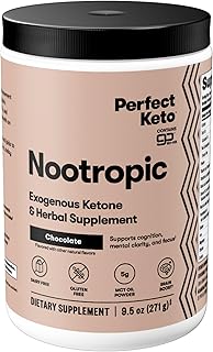 Perfect Keto Nootropic Brain Support, Caffeine Free Focus and Energy Supplement with Alpha Lipoic Acid, L Theanine, Ginkgo Biloba, Alpha GPC, MCT's, Collagen, Ketones, Chocolate Drink Mix, 15 Servings