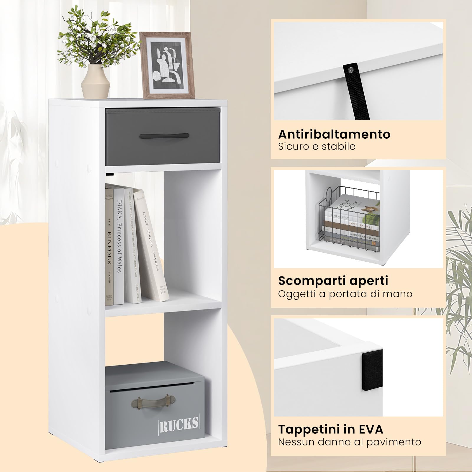 WOLTU Libreria da Terra, Unità di Stoccaggio a Cubo a 3 Livelli | con Cassetto, Unità di Scaffale in Piedi Scaffale a Cubo Aperto, per Studio, Camera da Letto e Soggiorno, Bianco